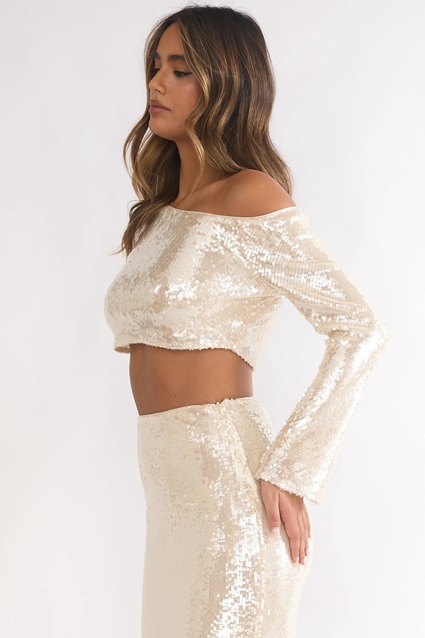 Crystalline Asymmetric Neckline Crop Top Sequin Champagne
