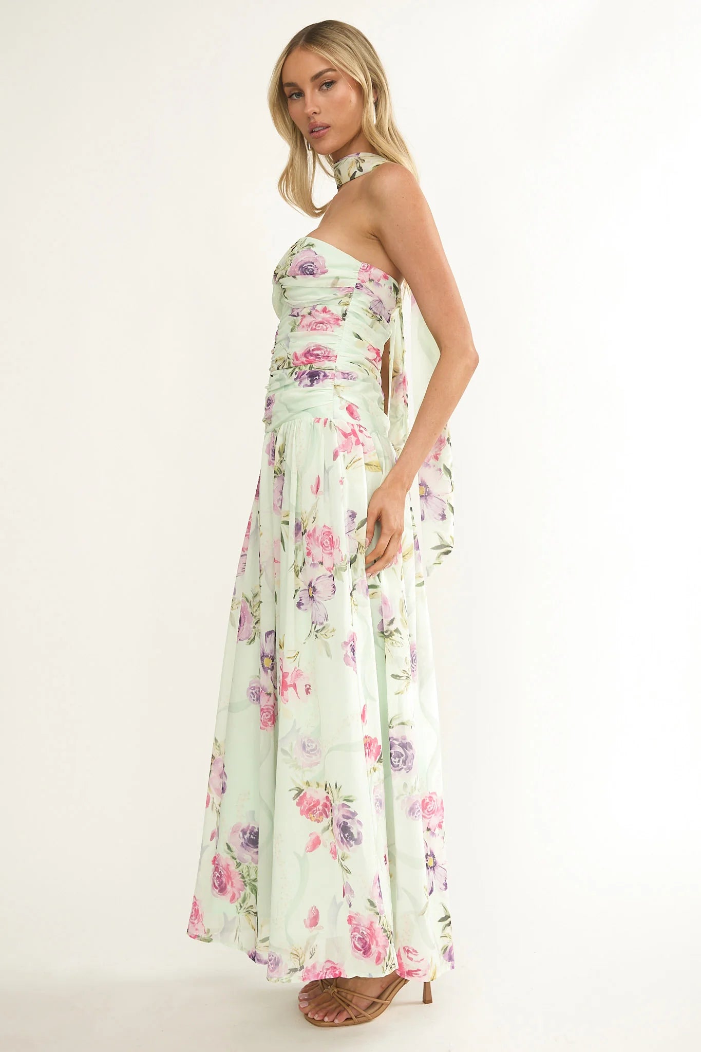 Novarra Twist Bust Strapless Maxi Dress Floral Mint