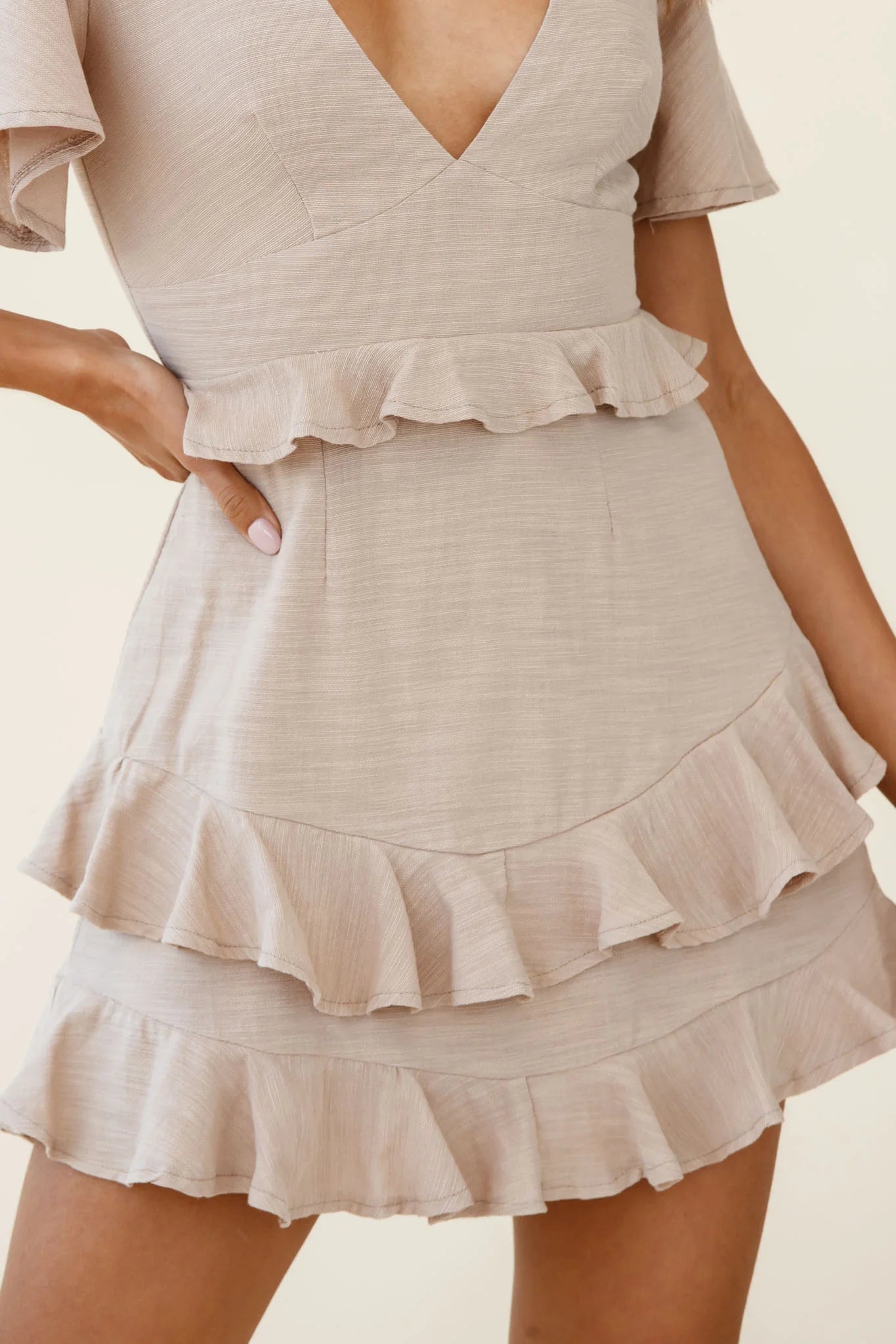 Queenie Angel Sleeve Ruffle Trim Dress Mocha