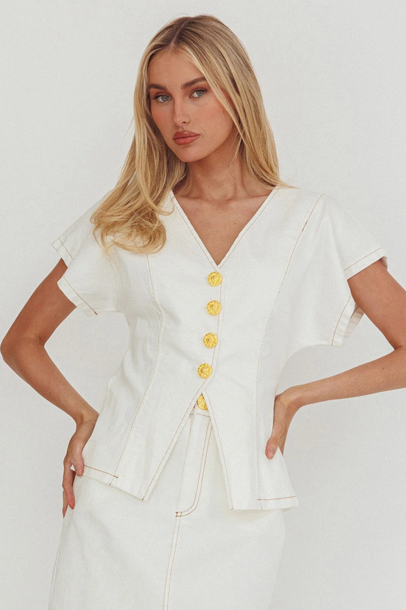 Over It Short Sleeve Button Top Cream