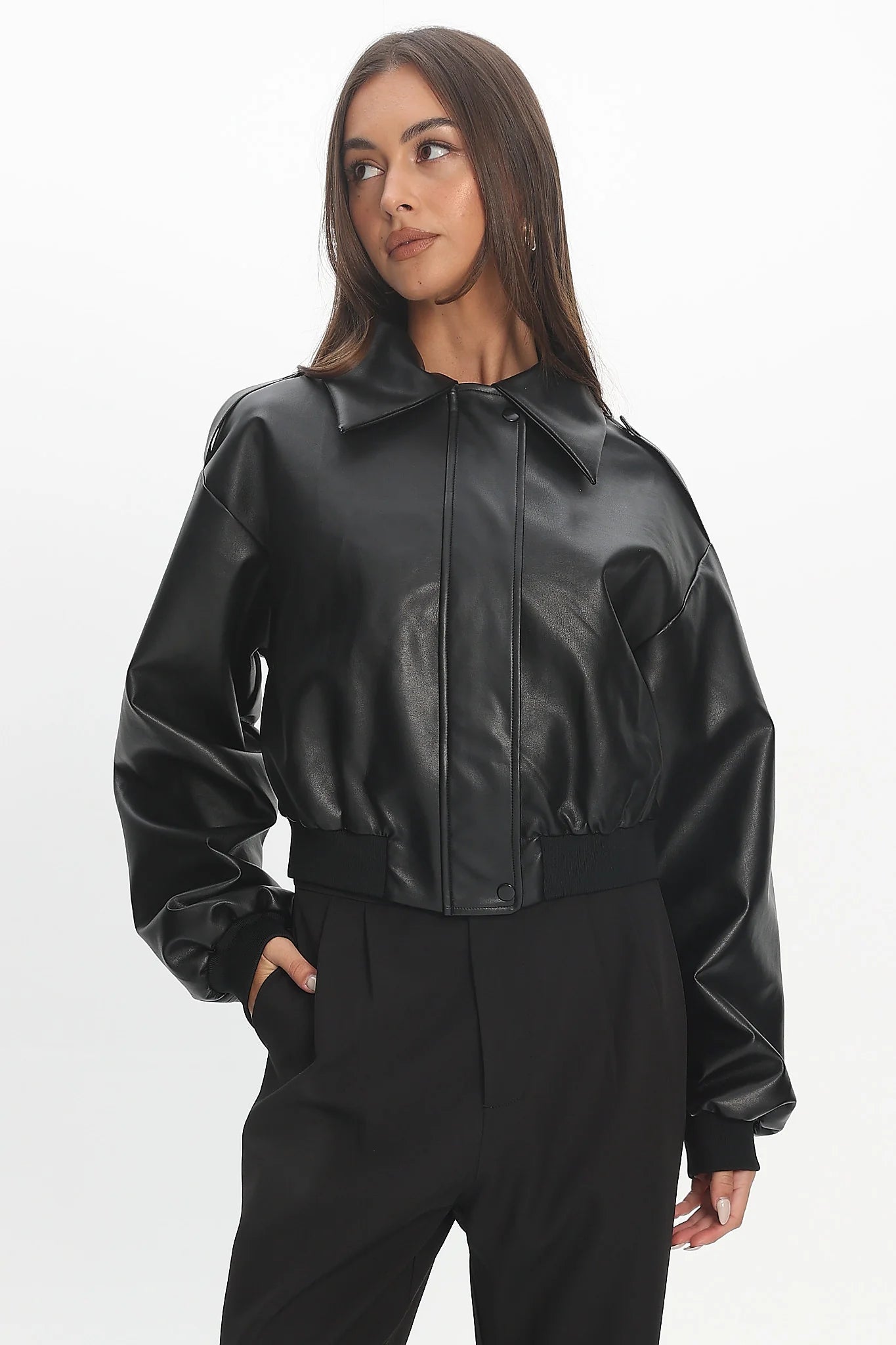 Charley Faux Leather Bomber Jacket Black