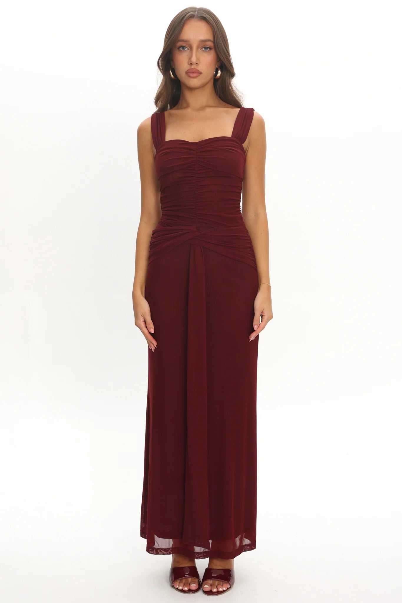 Emara Ruched Waist Sash Maxi Dress Burgundy