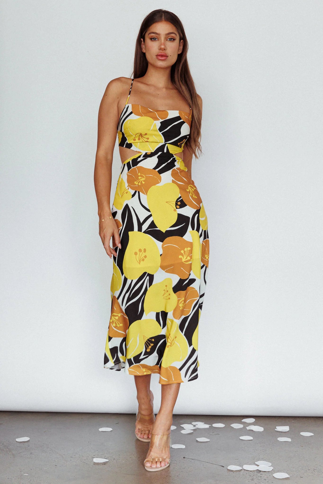 Sunday Bliss Tie-Up Back Cowl Neck Midi Dress Flower Yellow