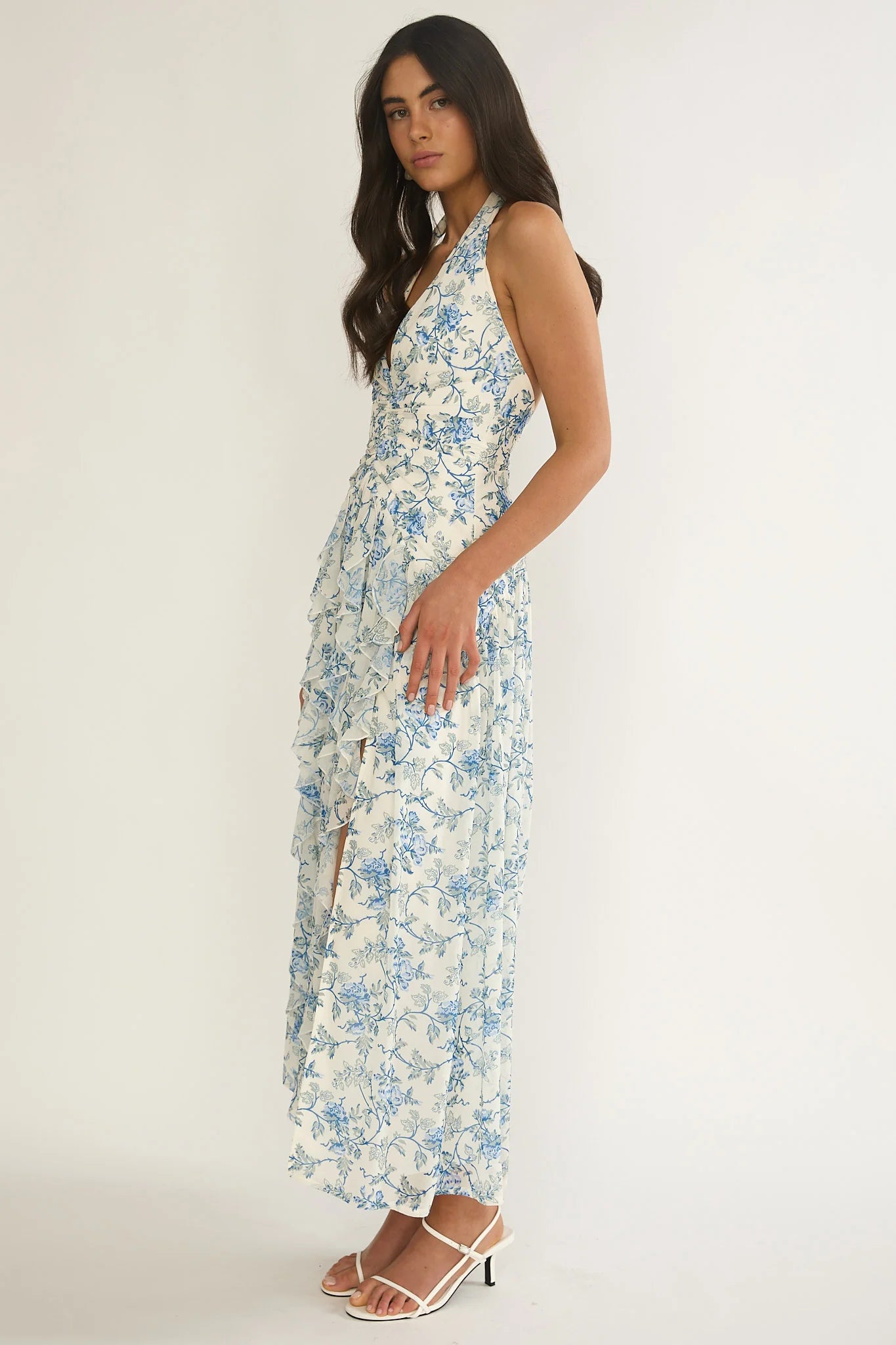 She's Glowing Halterneck Ruffle Dress Floral Blue