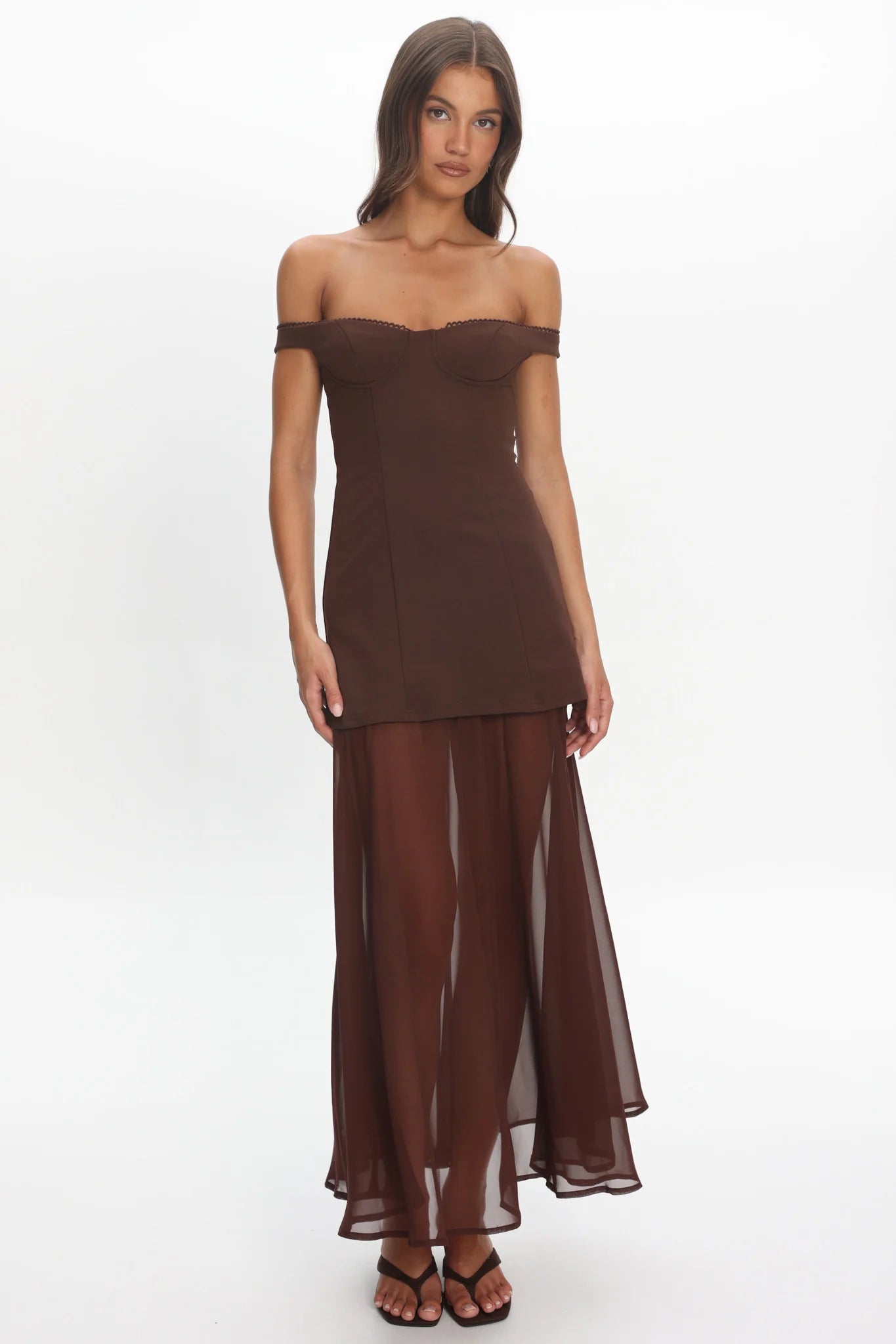 Opulent Off-Shoulder Sheer Hem Maxi Dress Chocolate