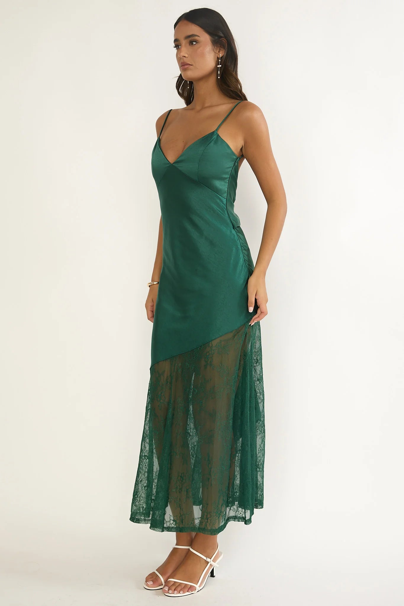 Ciao, Bella Tied Back Lace Hem Dress Forest Green