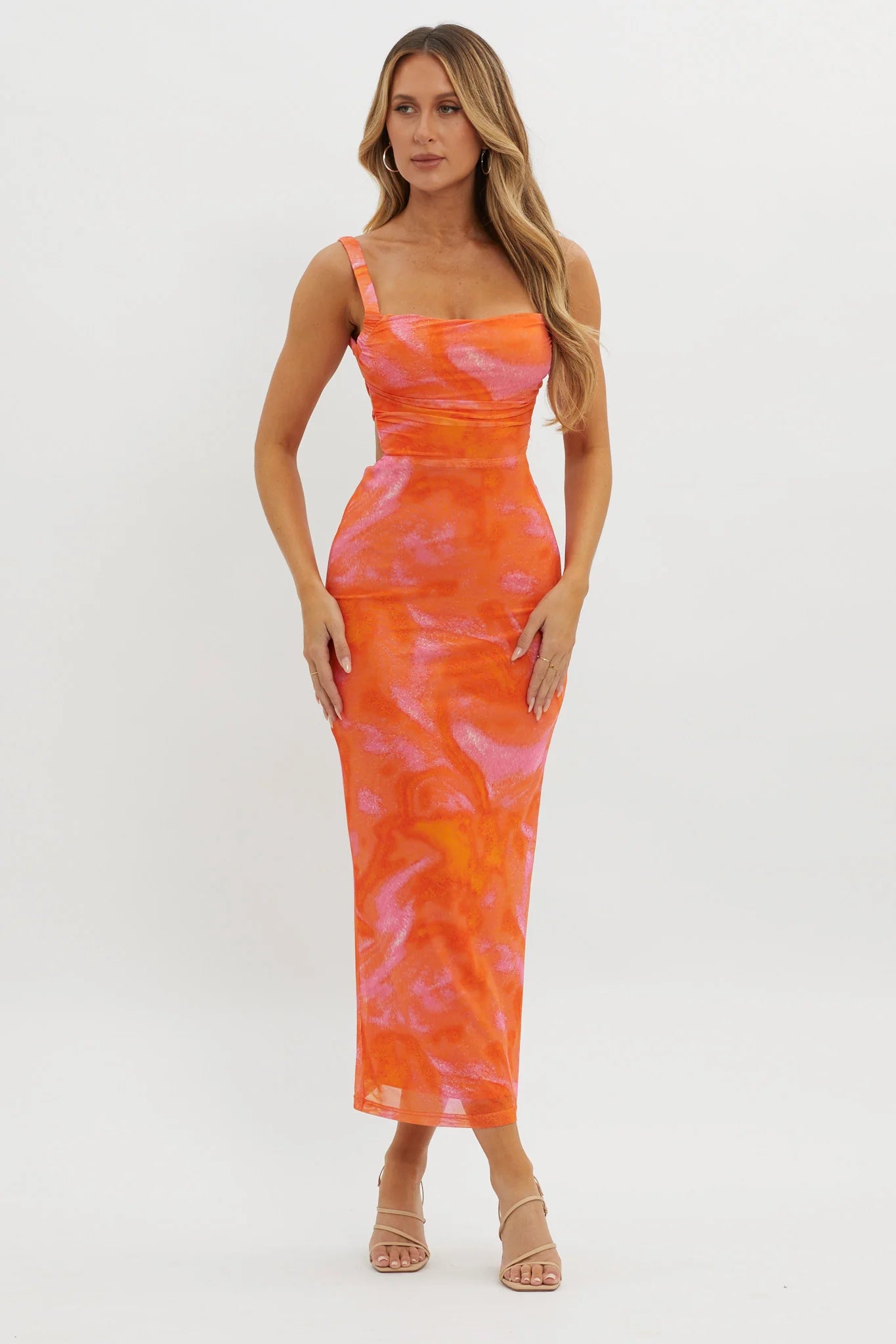 Dream Crush Lace-Up Back Side Split Maxi Dress Swirl Orange