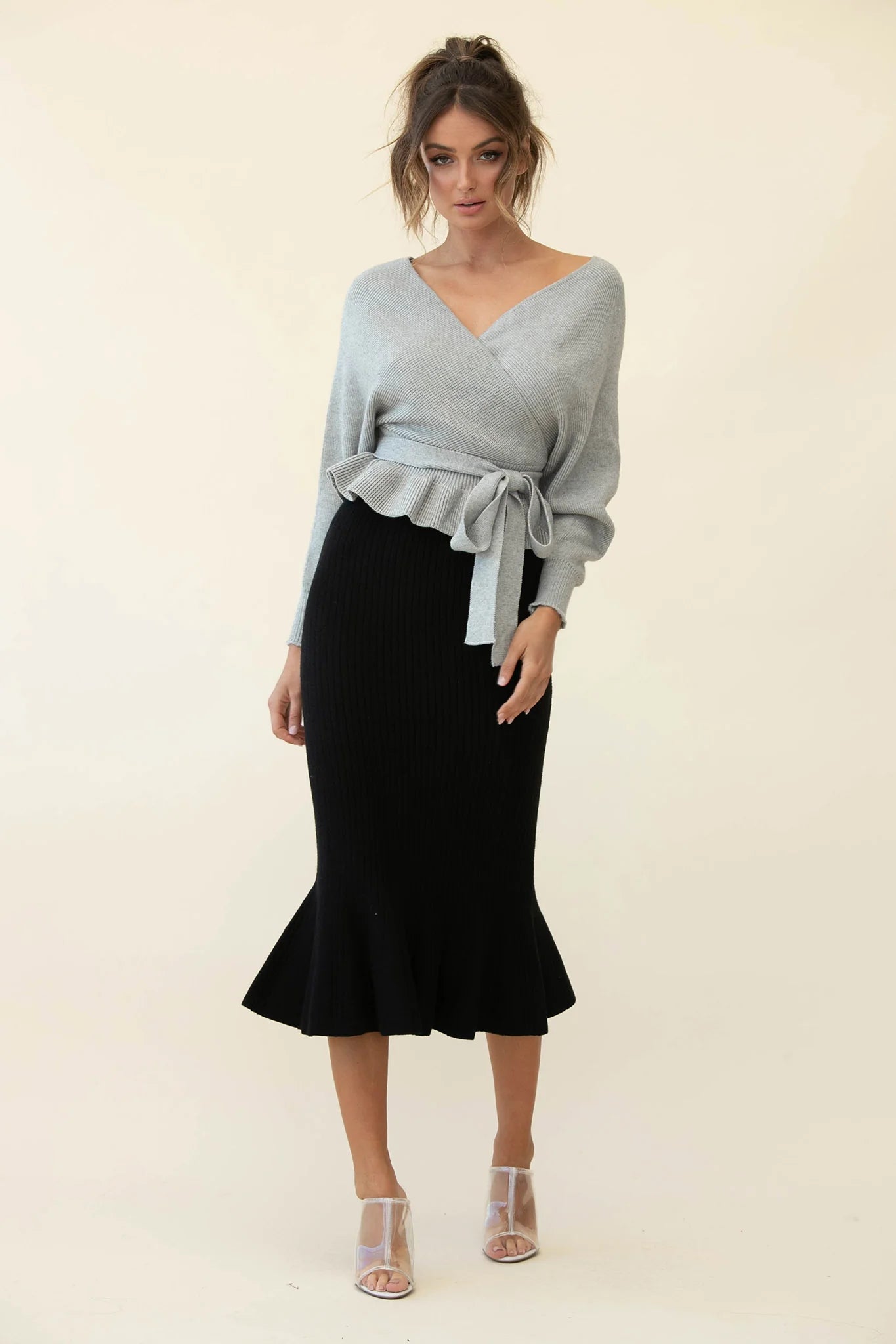 Shalon Ribbed Knit Fluted Hem Midi Skirt Antique Black