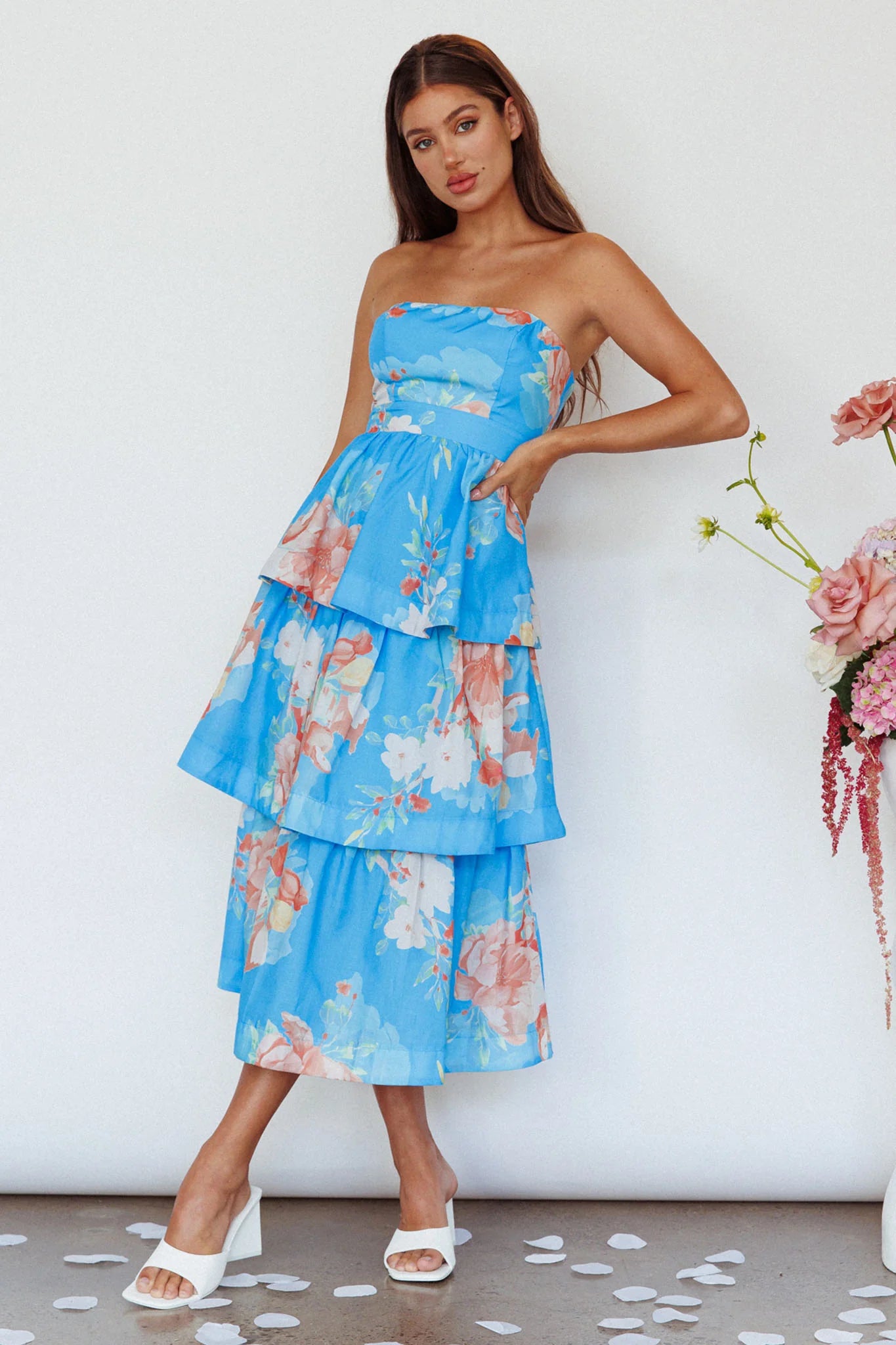 Outshine Strapless Tiered Midi Dress Floral Blue