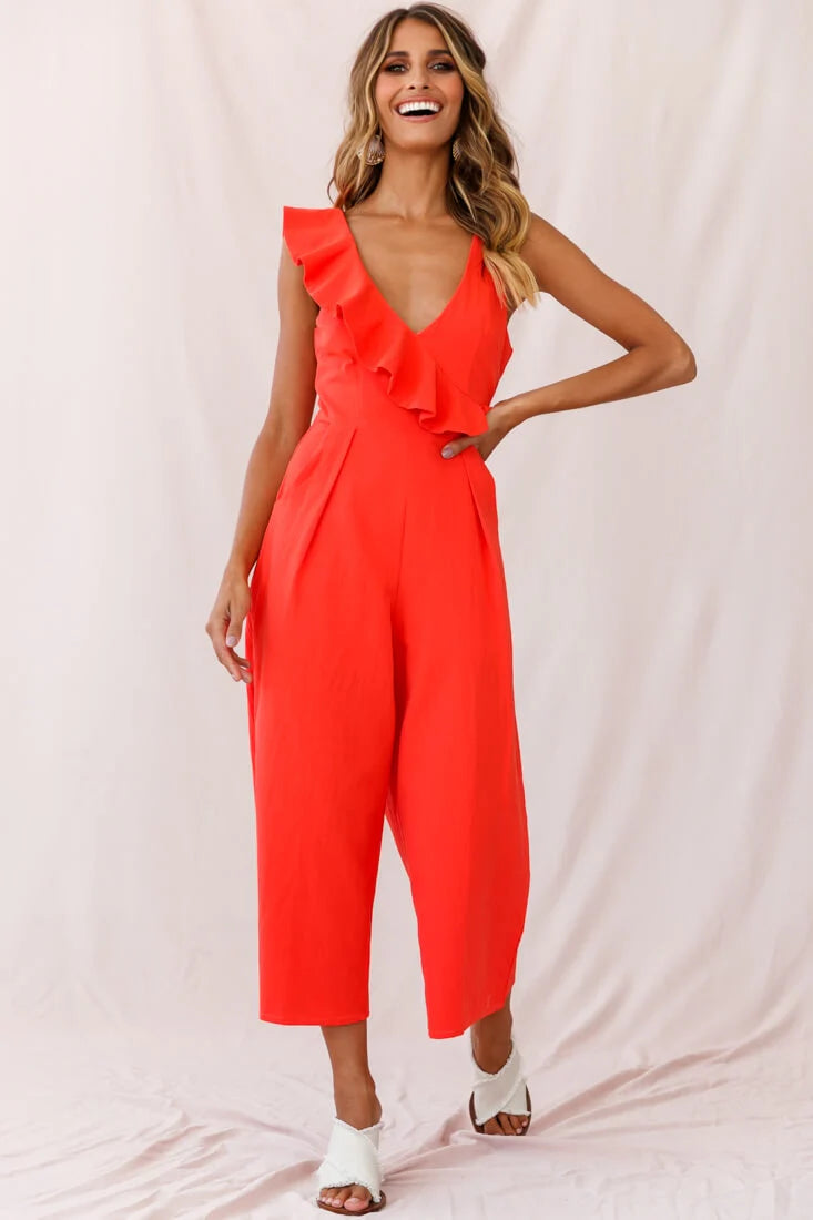 Cheryl Ruffle Strap Wide Leg Jumpsuit Tangerine