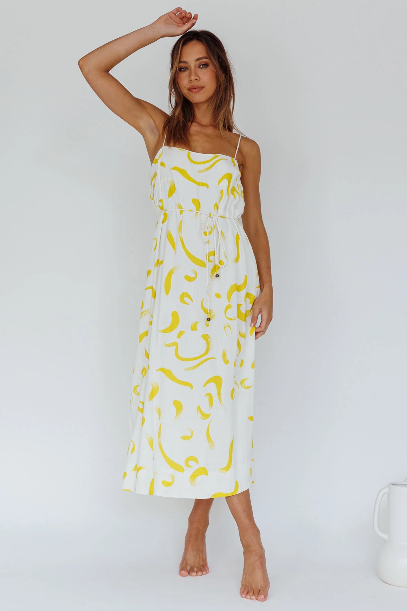 Rossy Waist Tie Midi Dress Printed Yellow