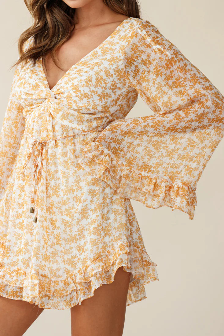Perri Bell Sleeve Twist Knot Bust Dress Floral Print Yellow
