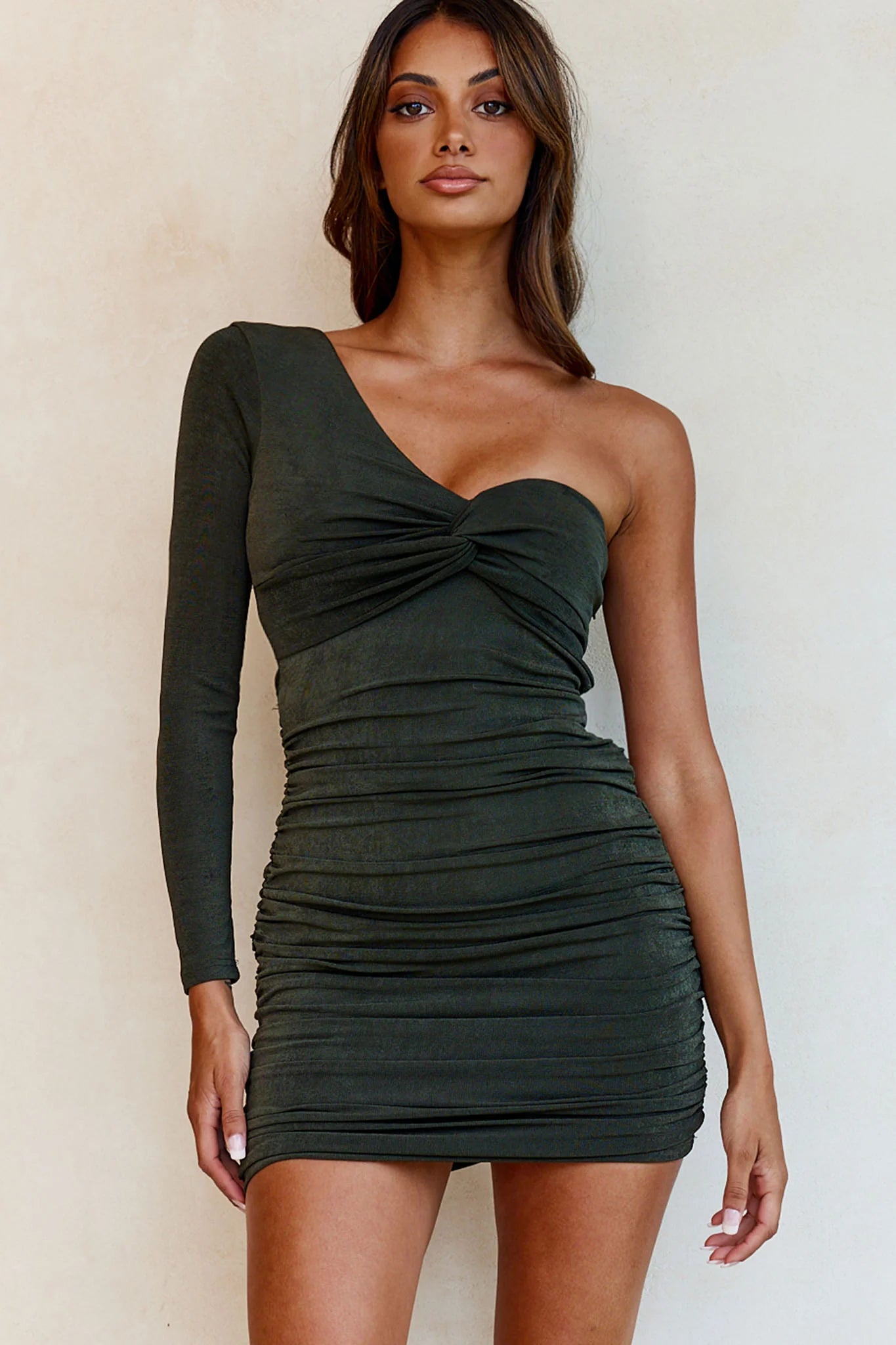 Read My Lips One Shoulder Ruched Mini Dress Forest Green