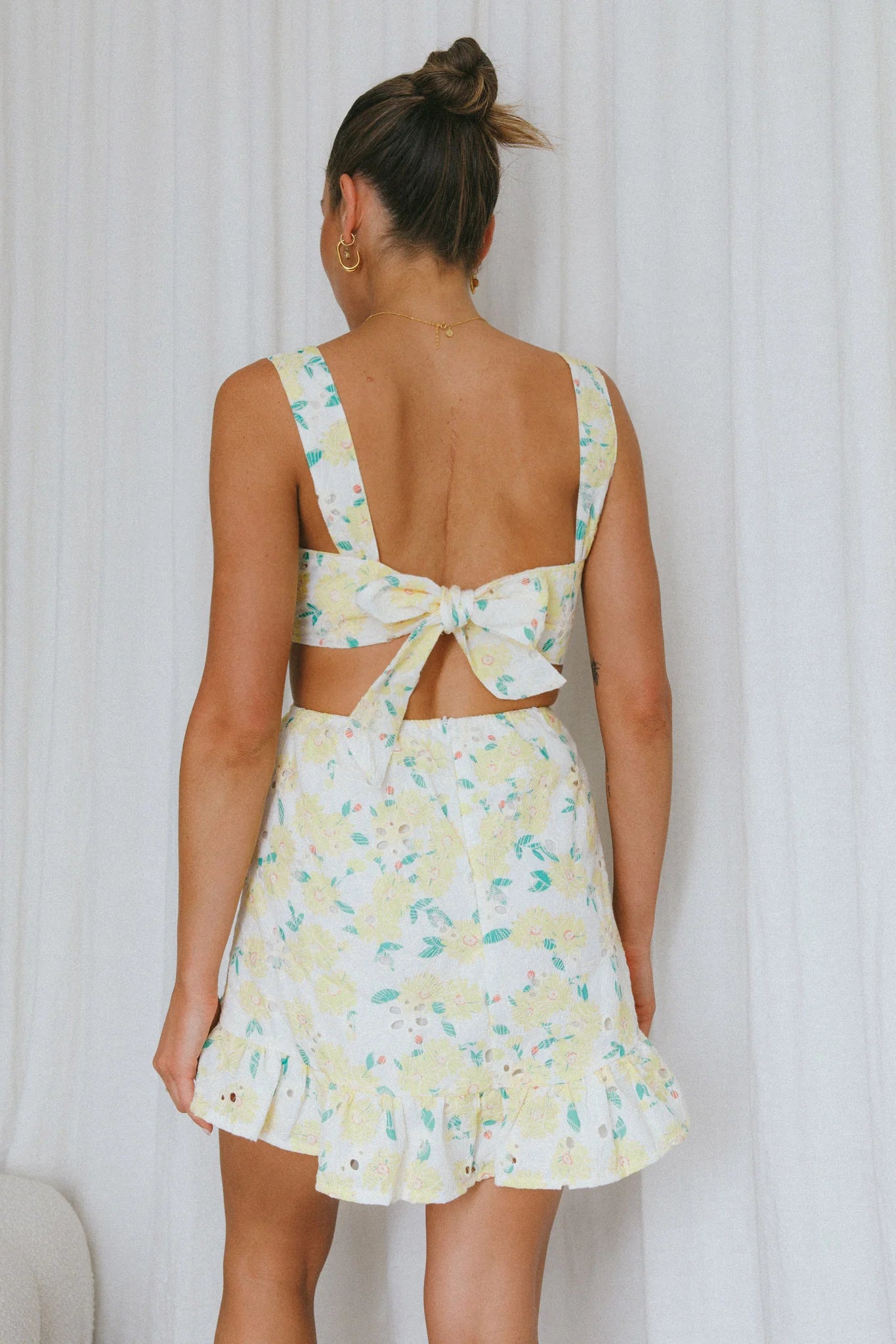 Pascale String-Tie Cut-Out Dress Floral Yellow
