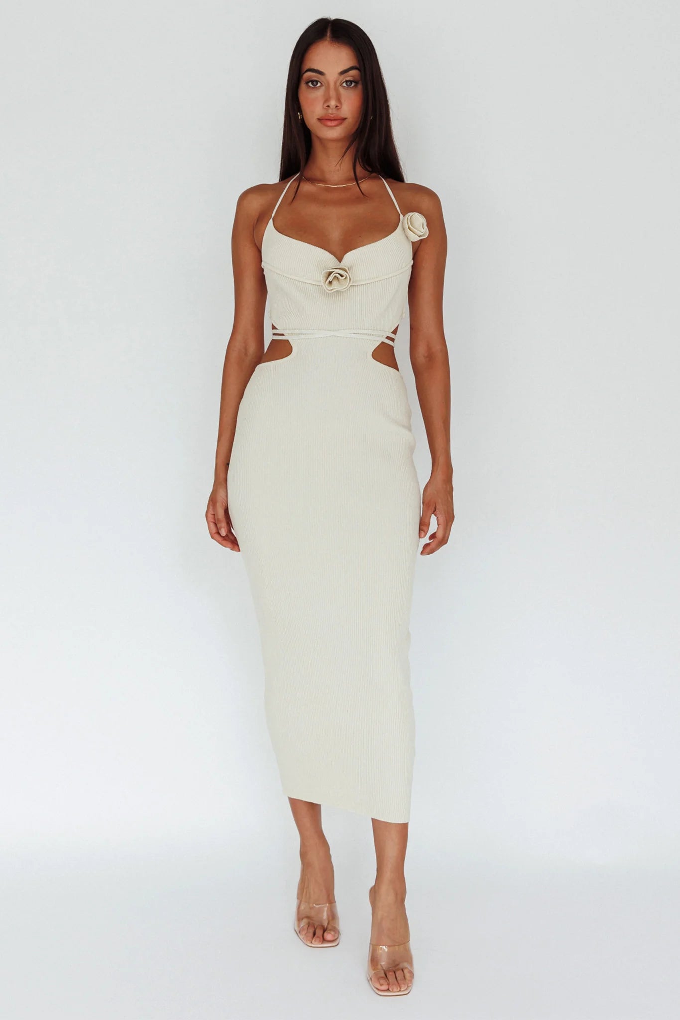 Rue Rose Accent Ribbed Knit Midi Dress Beige