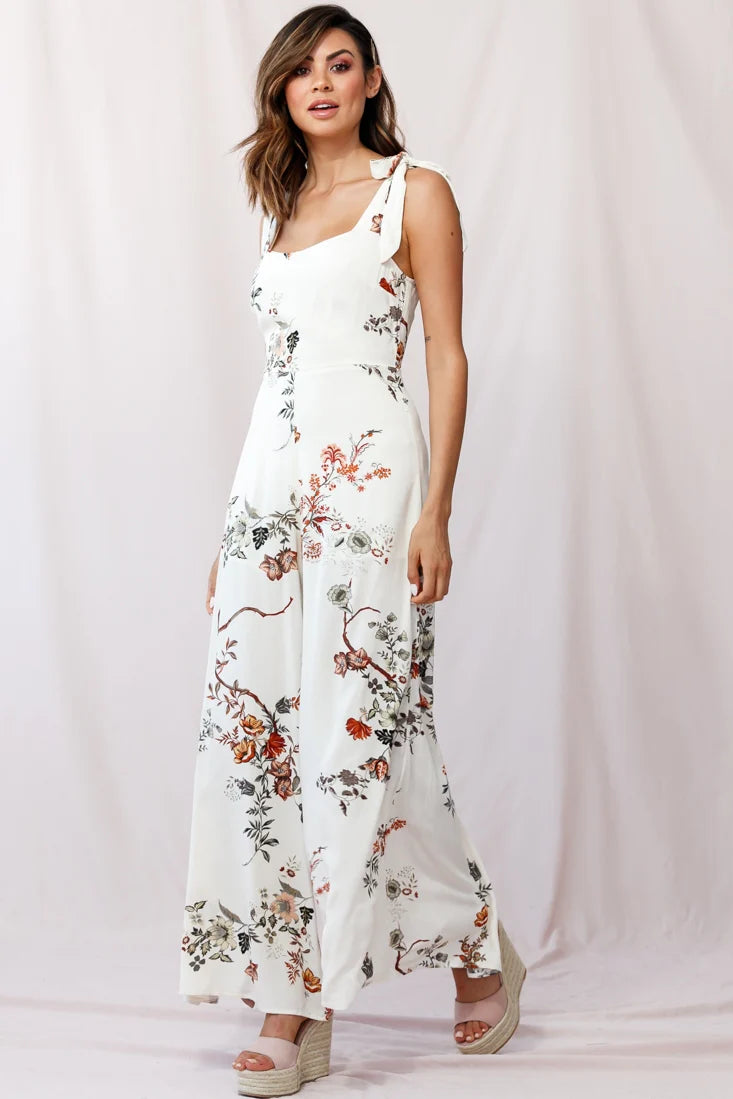 Therese Tied-Shoulder Wide Leg Jumpsuit Floral Print Beige