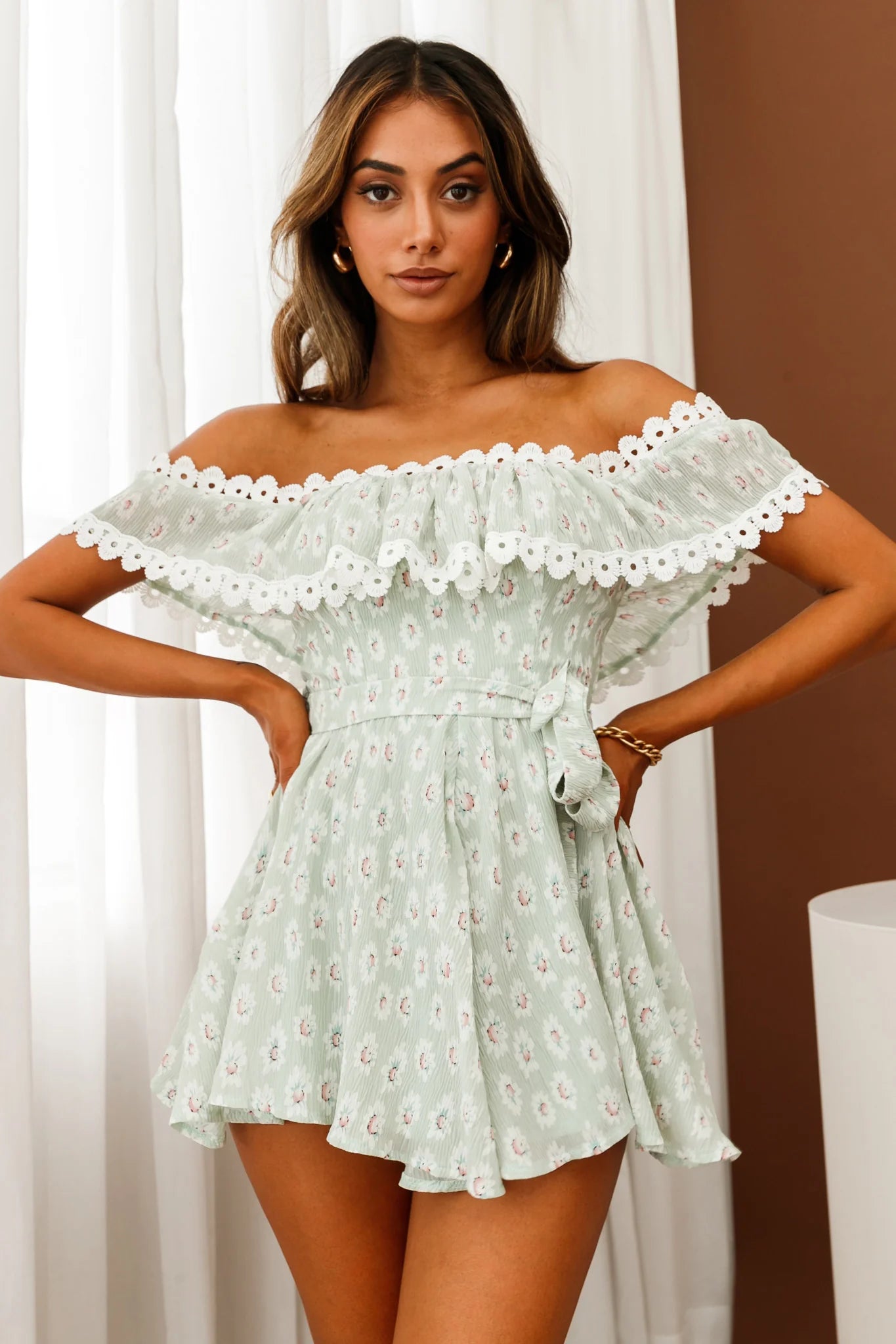 Jalisco Off-Shoulder Waist Tie Romper Floral Print Sage/White
