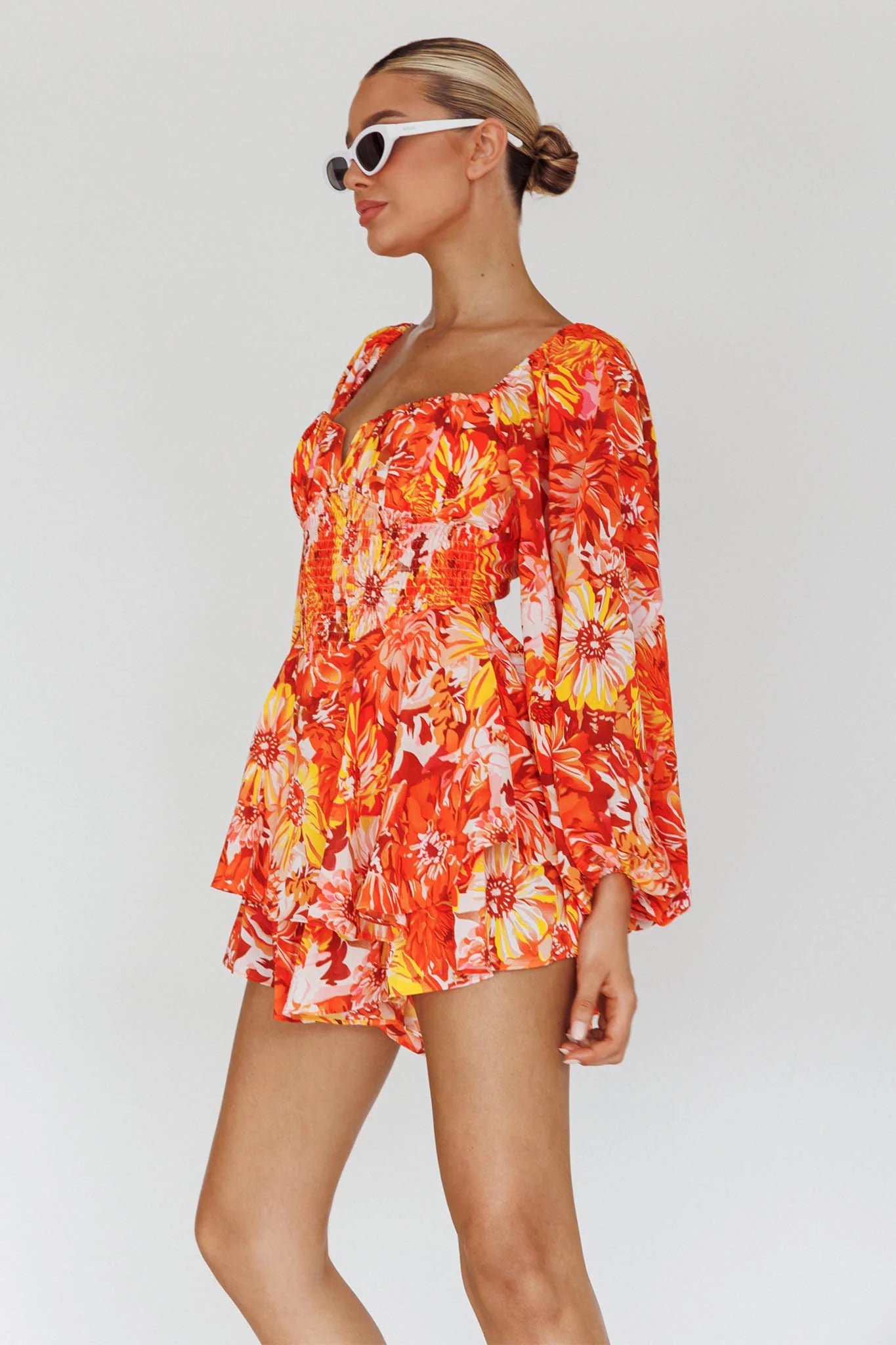 Evanice Shirred Waist Romper Floral Yellow