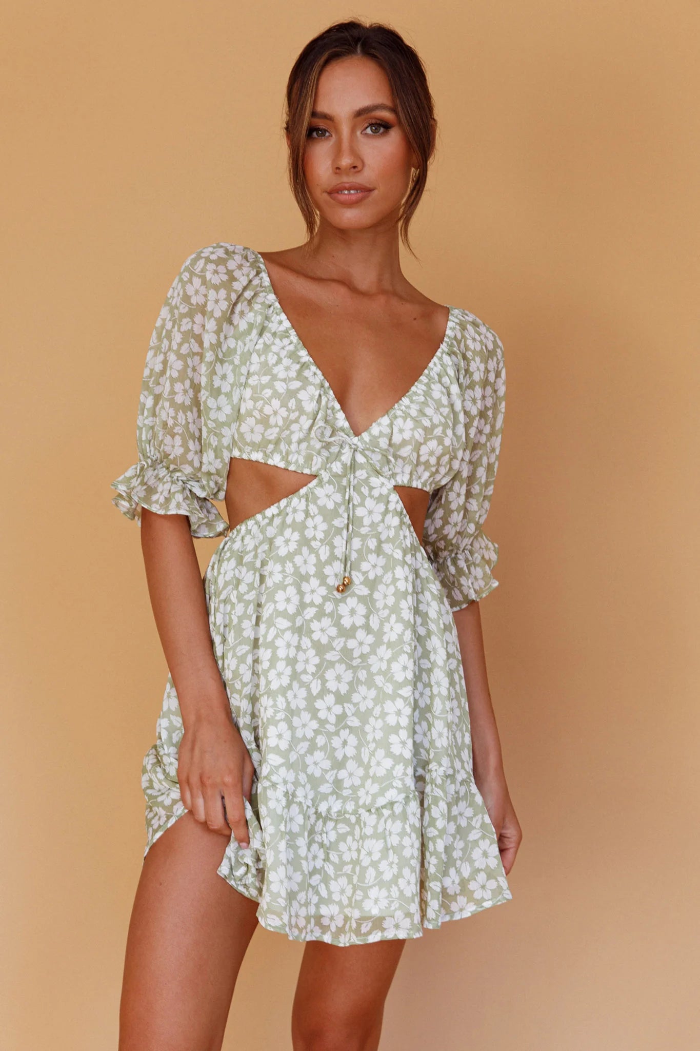 Fancy Free Puff Sleeve Cut-Out Dress Floral Green