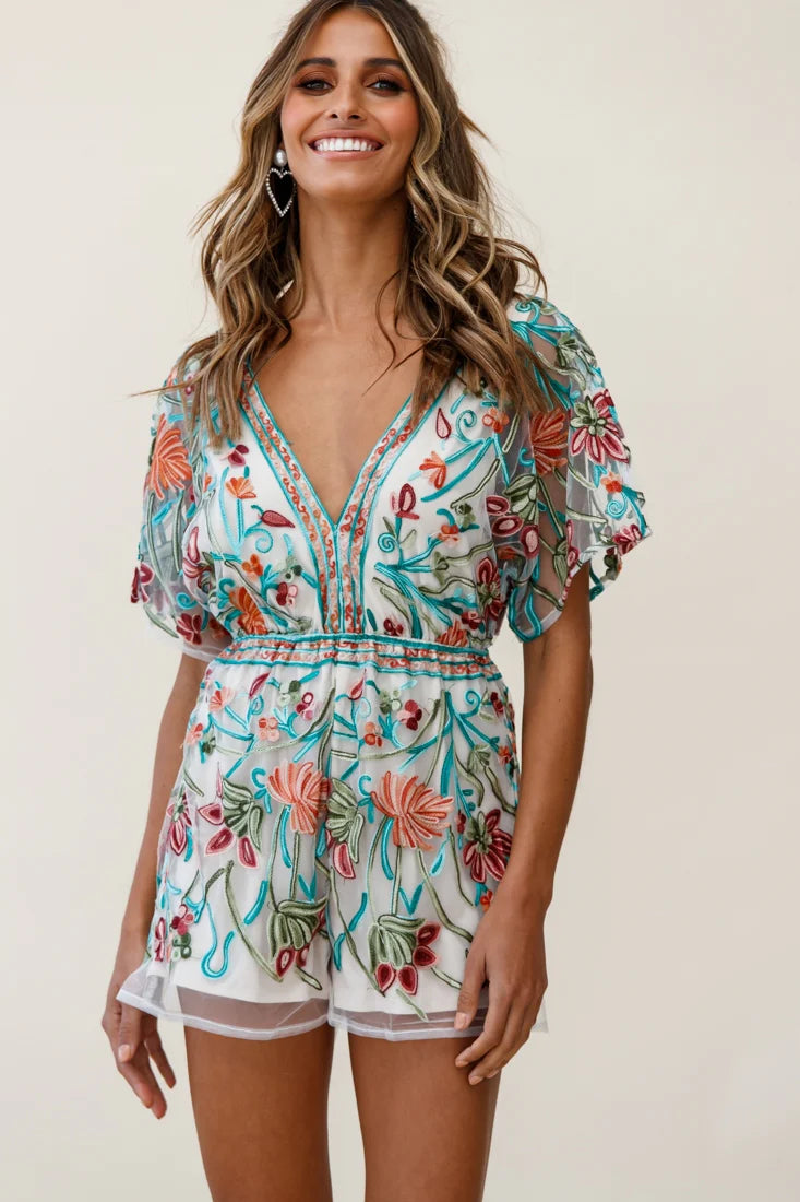 Cecelia Dressy Floral Romper Green Jade