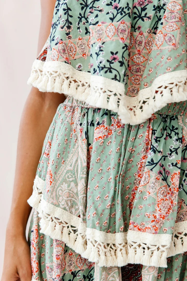 Palau Tassel-Trimmed Paisley Skirt Olive