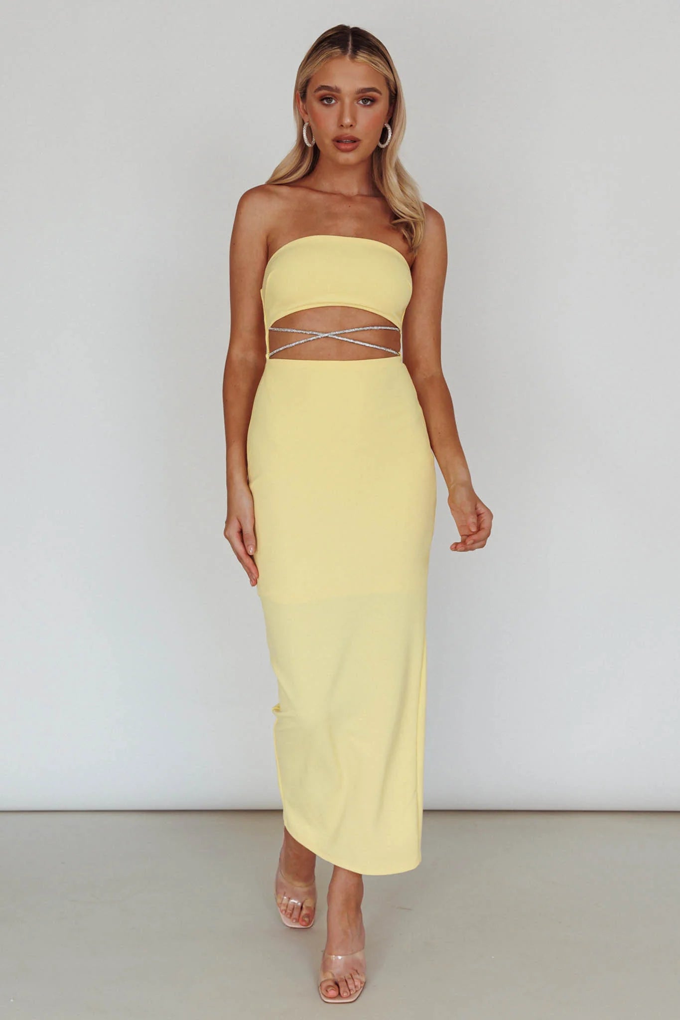 Nohemi Strapless Diamante Midi Dress Yellow