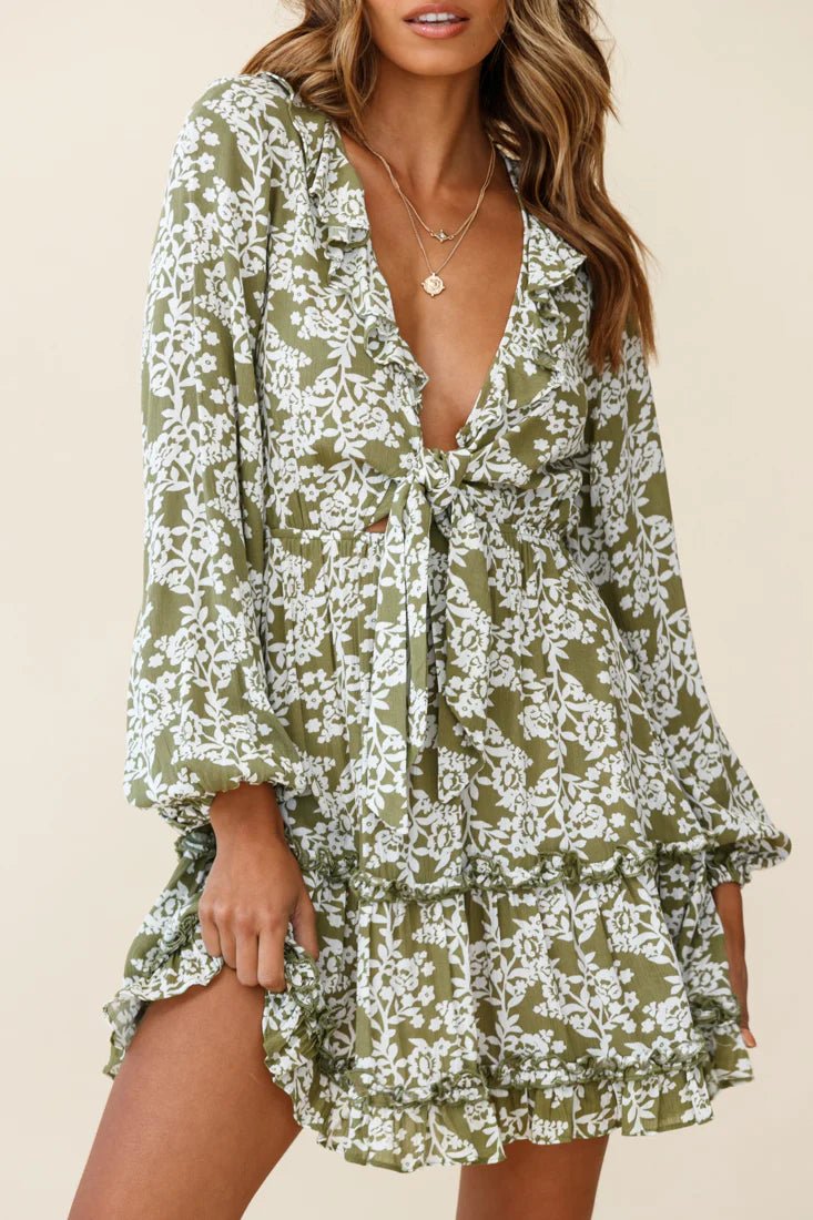 Sunny Daze Long Sleeve Tie-Knot Bust Dress Floral Print Olive