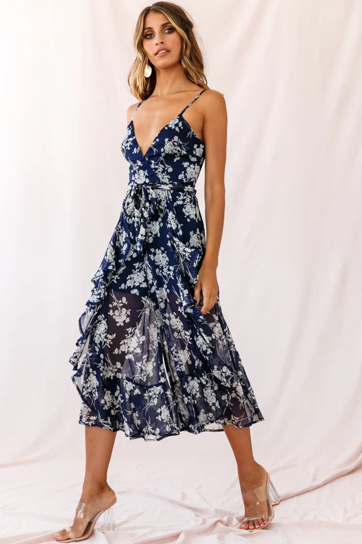Constance Thin Strap Midi Jumpsuit Navy/White Flower