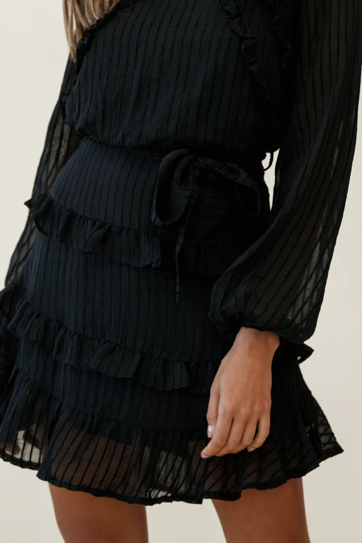 Dusk Long Sleeve Waist Tie Frill Dress Sheer Stripe Black