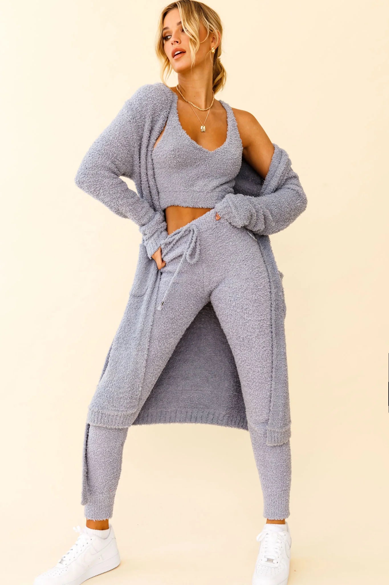 My Girl Fuzzy Knit Jogger Pants Steel Blue