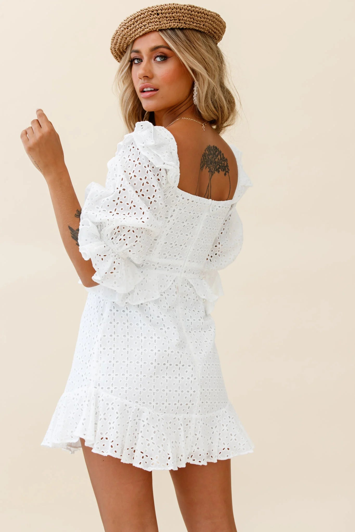Say That Again Bust Tie Ruffle Trim Dress White