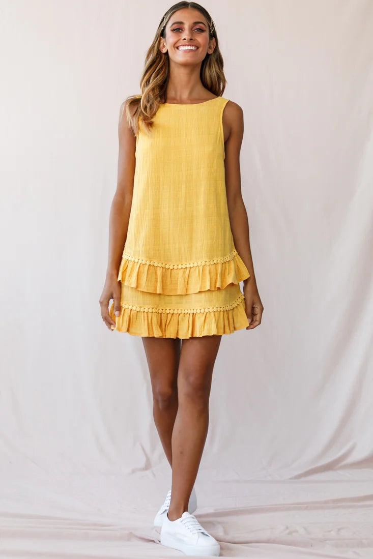 Candice Tiered Frill Hem Scooped Back Dress Yellow