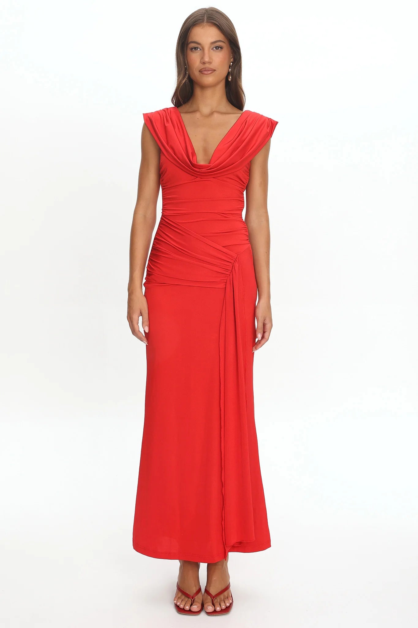 Fermi Draped Shoulder Maxi Dress Red