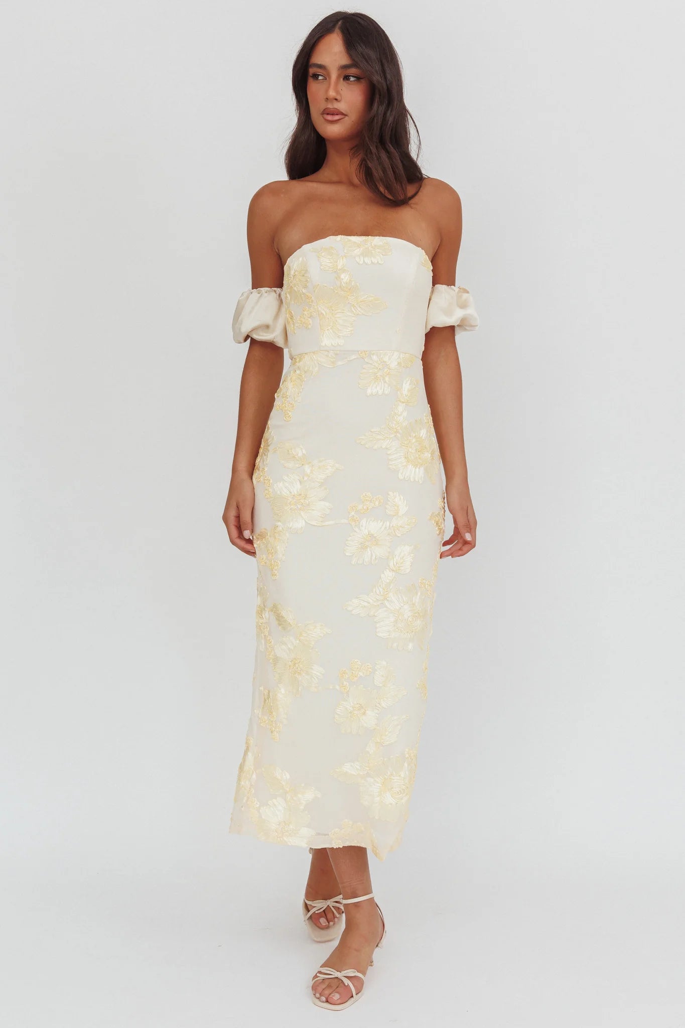 Roman Holiday Puff Sleeve Embellished Midi Dress Gold