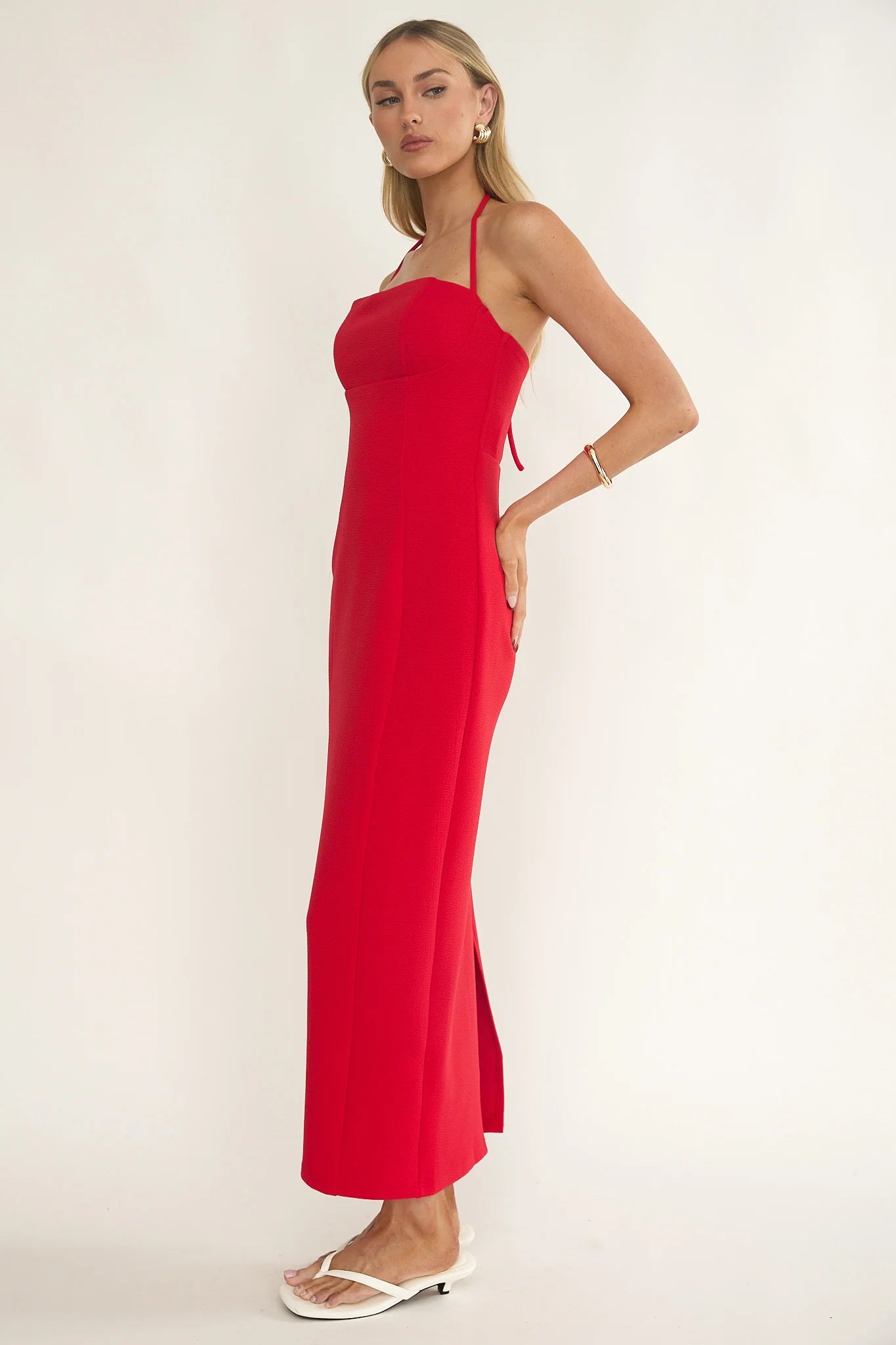 Chez Halterneck Textured Maxi Dress Red