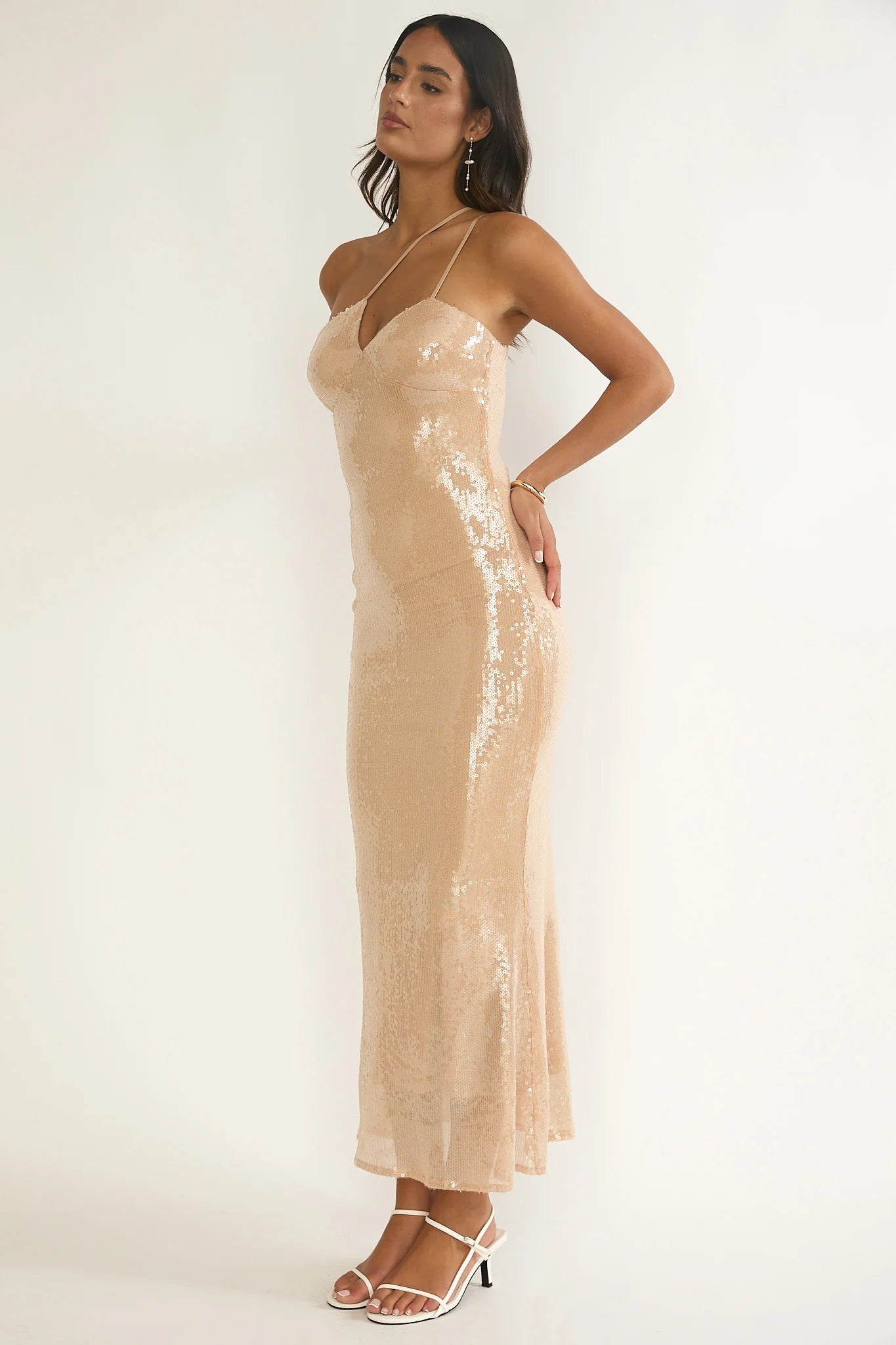 Roselyn One-Shoulder Sequin Maxi Dress Latte