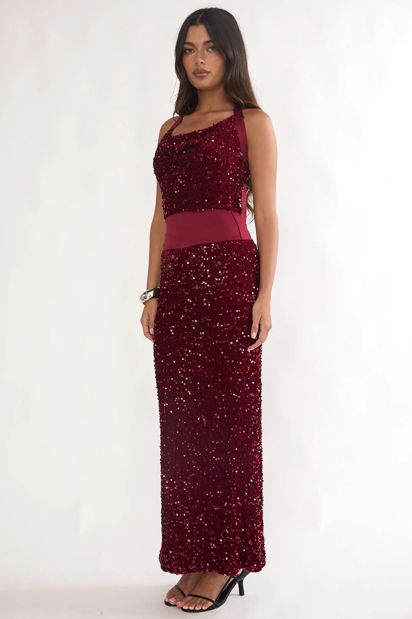 Cabernet Halter Maxi Dress Sequin Wine