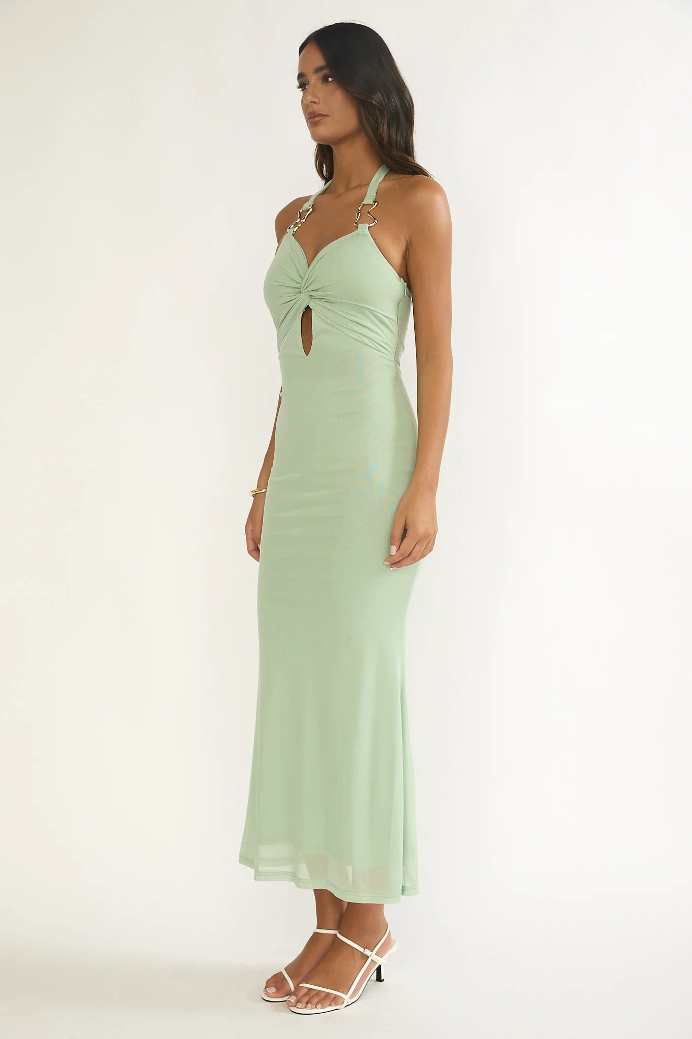 Yavira Twist Bodice Mesh Maxi Dress Sage