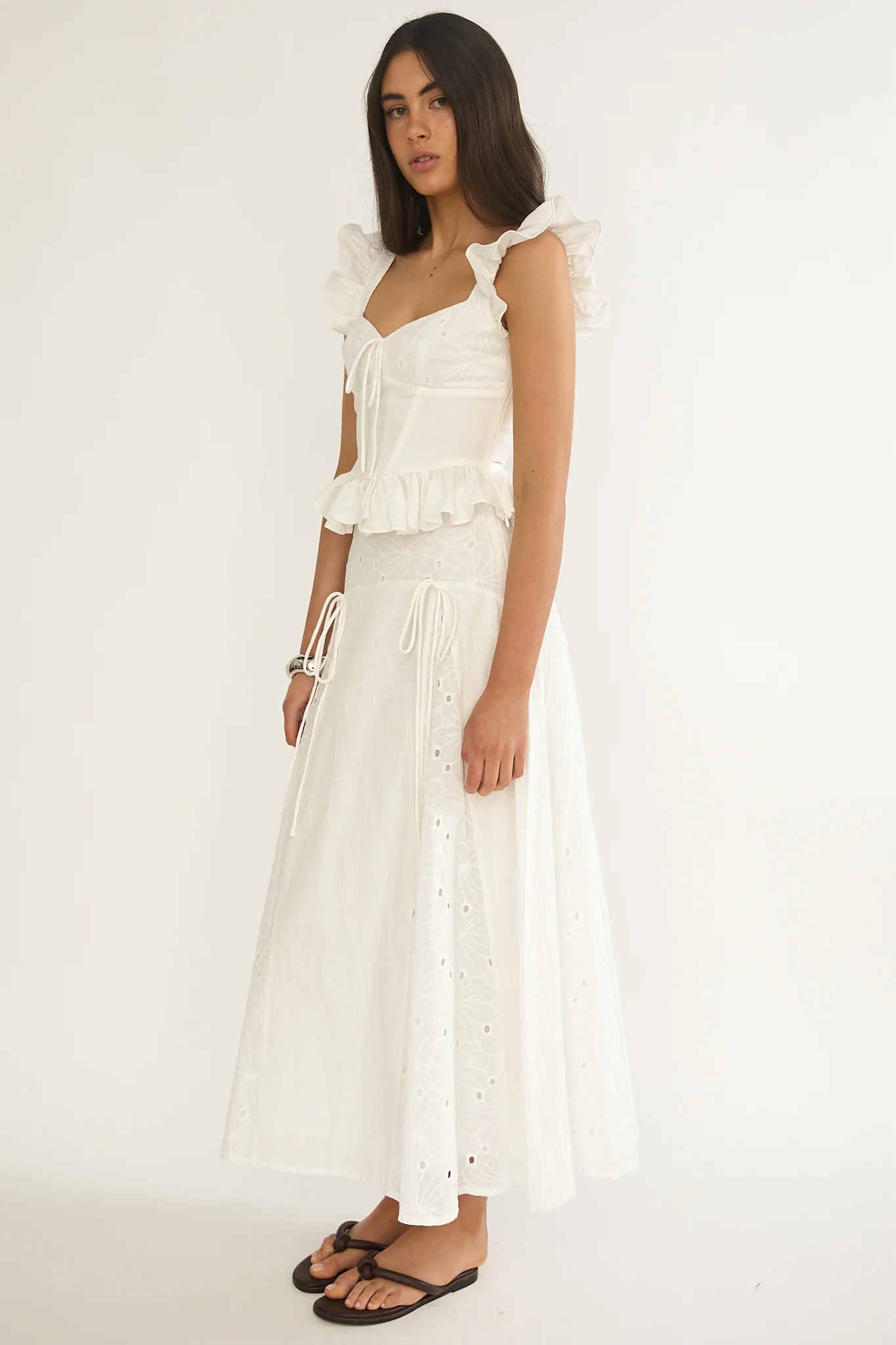 Danette String Tie Embroidery Maxi Skirt White