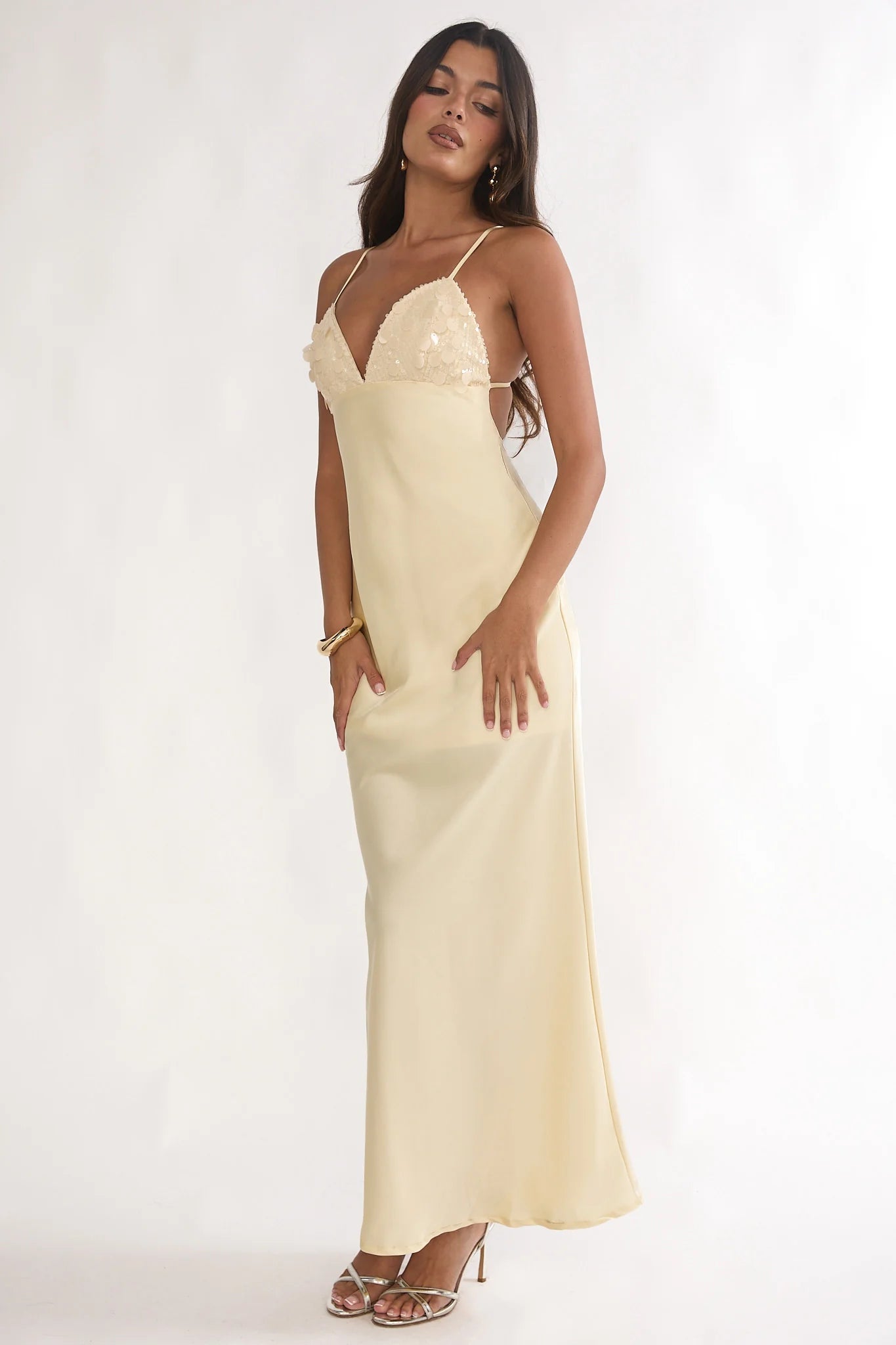 Brynn Sequin Bust Open Back Maxi Dress Butter