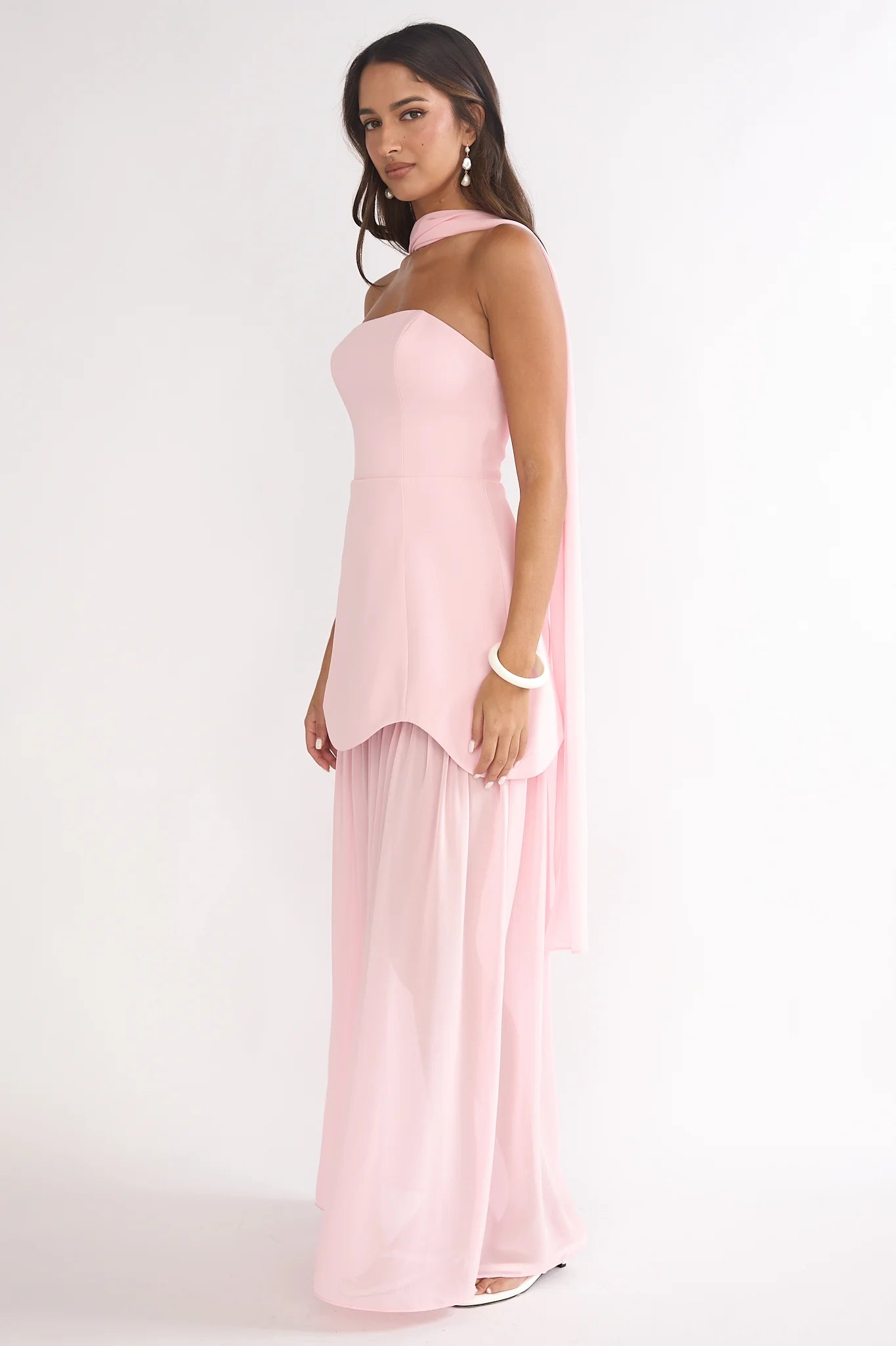 Poema Scalloped Sheer Hem Maxi Dress Pink
