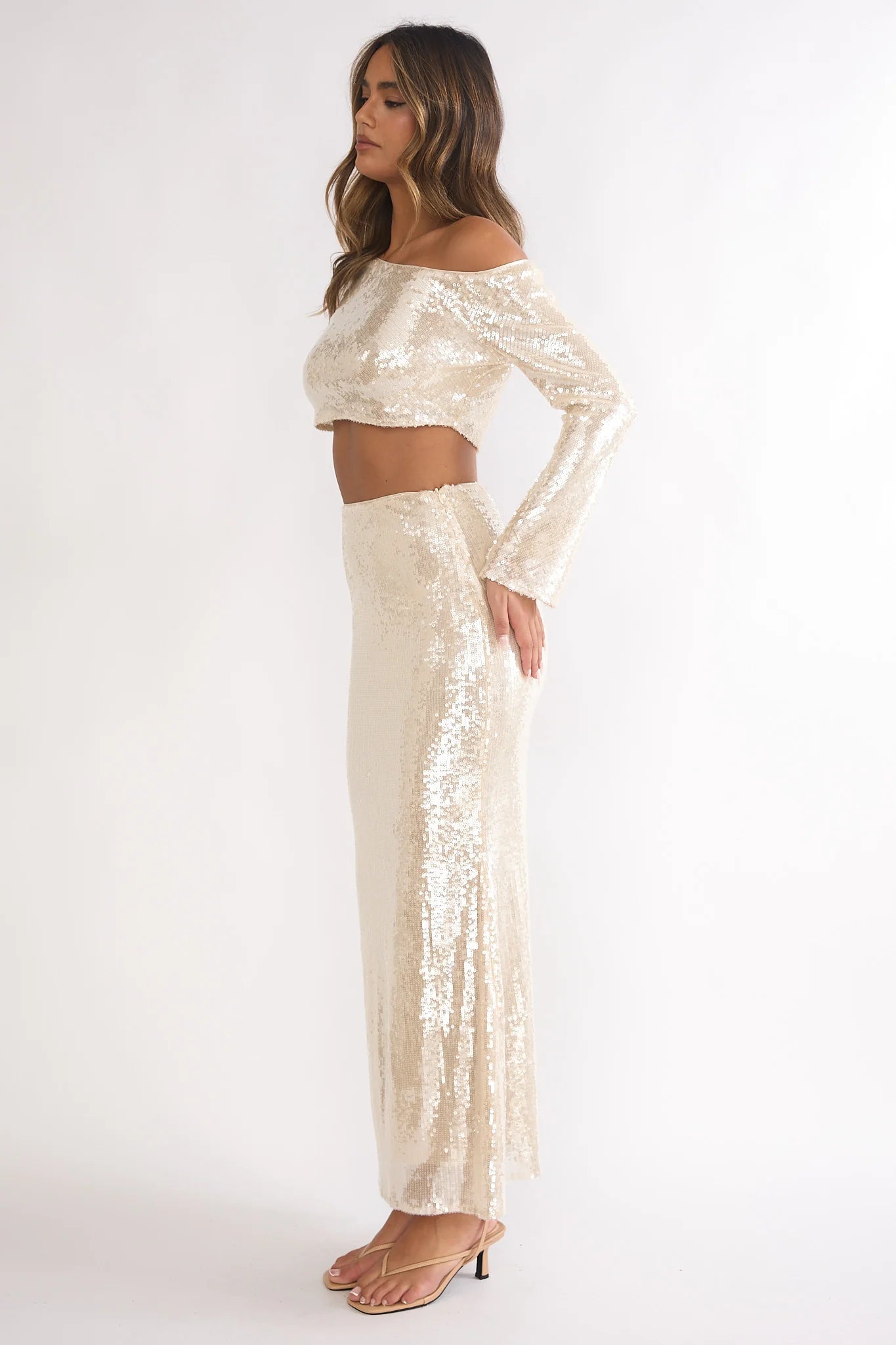 Crystalline Sequin Maxi Skirt Champagne