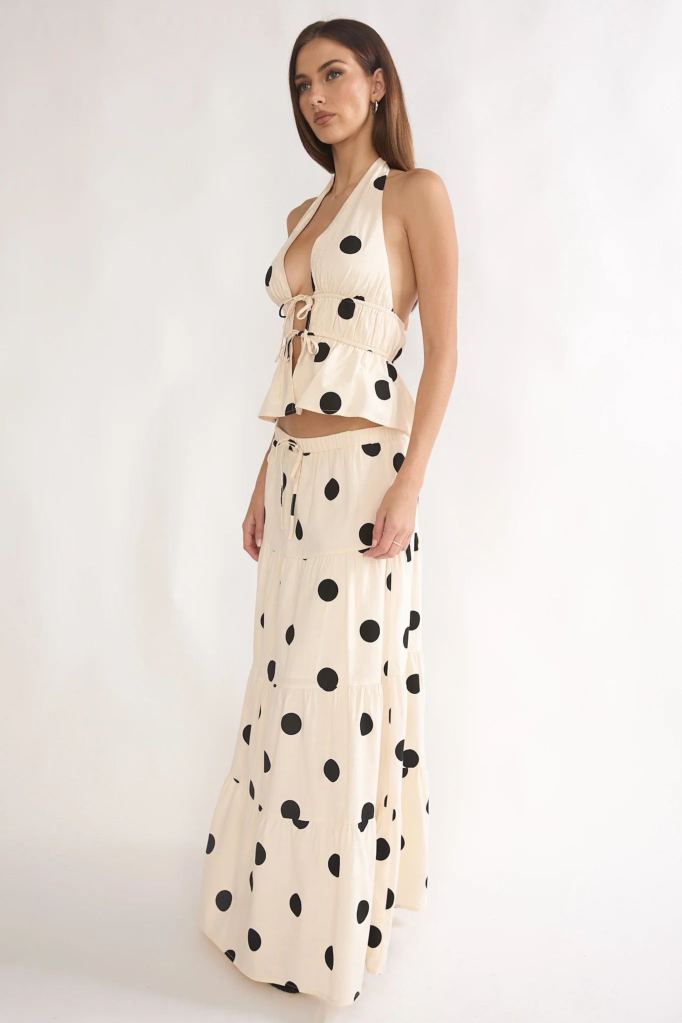 Under The Moons A-Line Maxi Skirt Polka Dot Beige