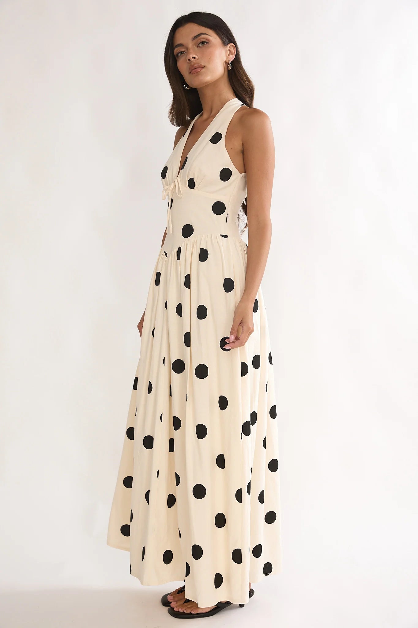Sundrenched Halter Maxi Dress Polka Dot Beige