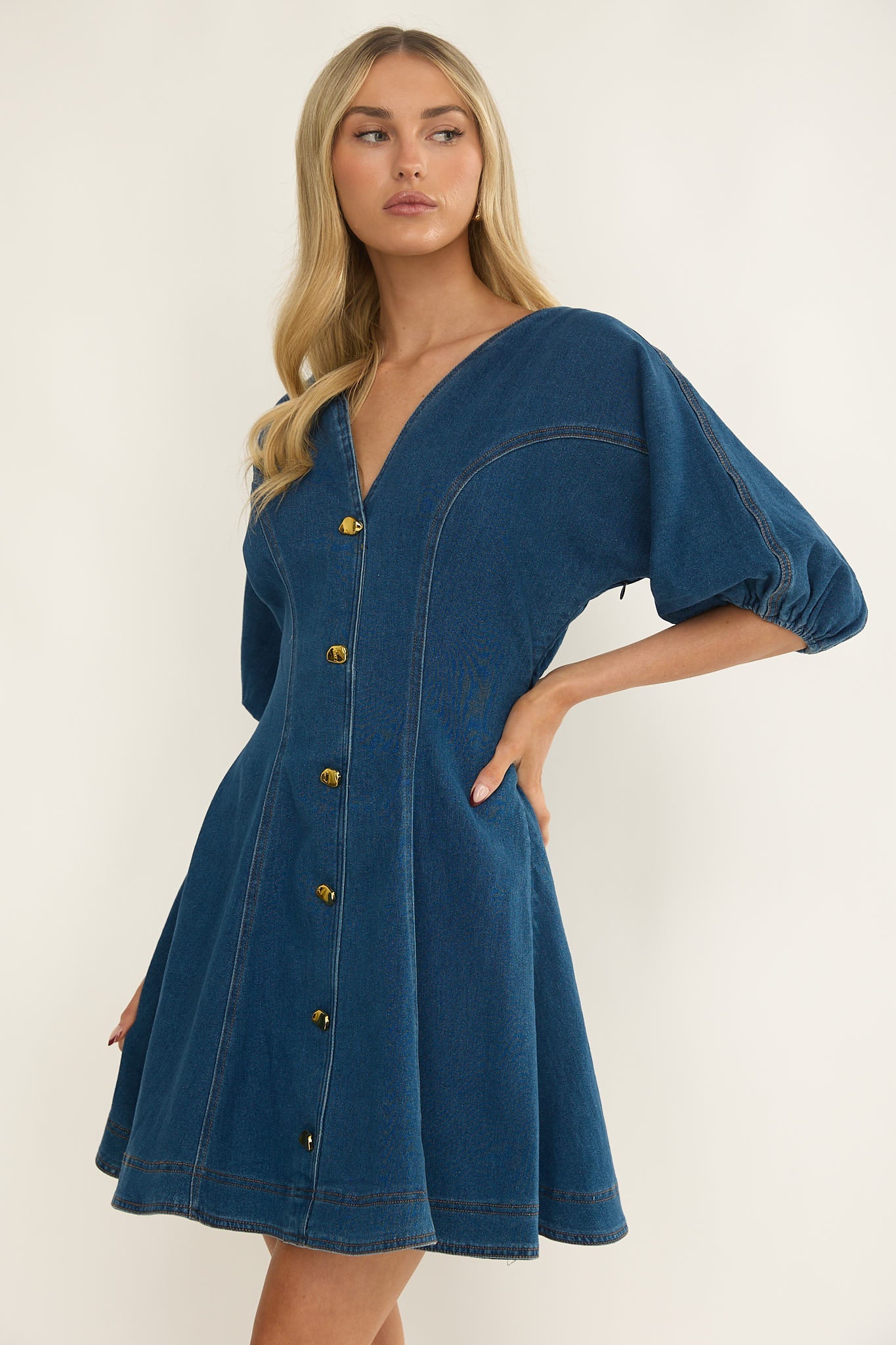 Rivette Bubble Sleeve Mini Dress Denim