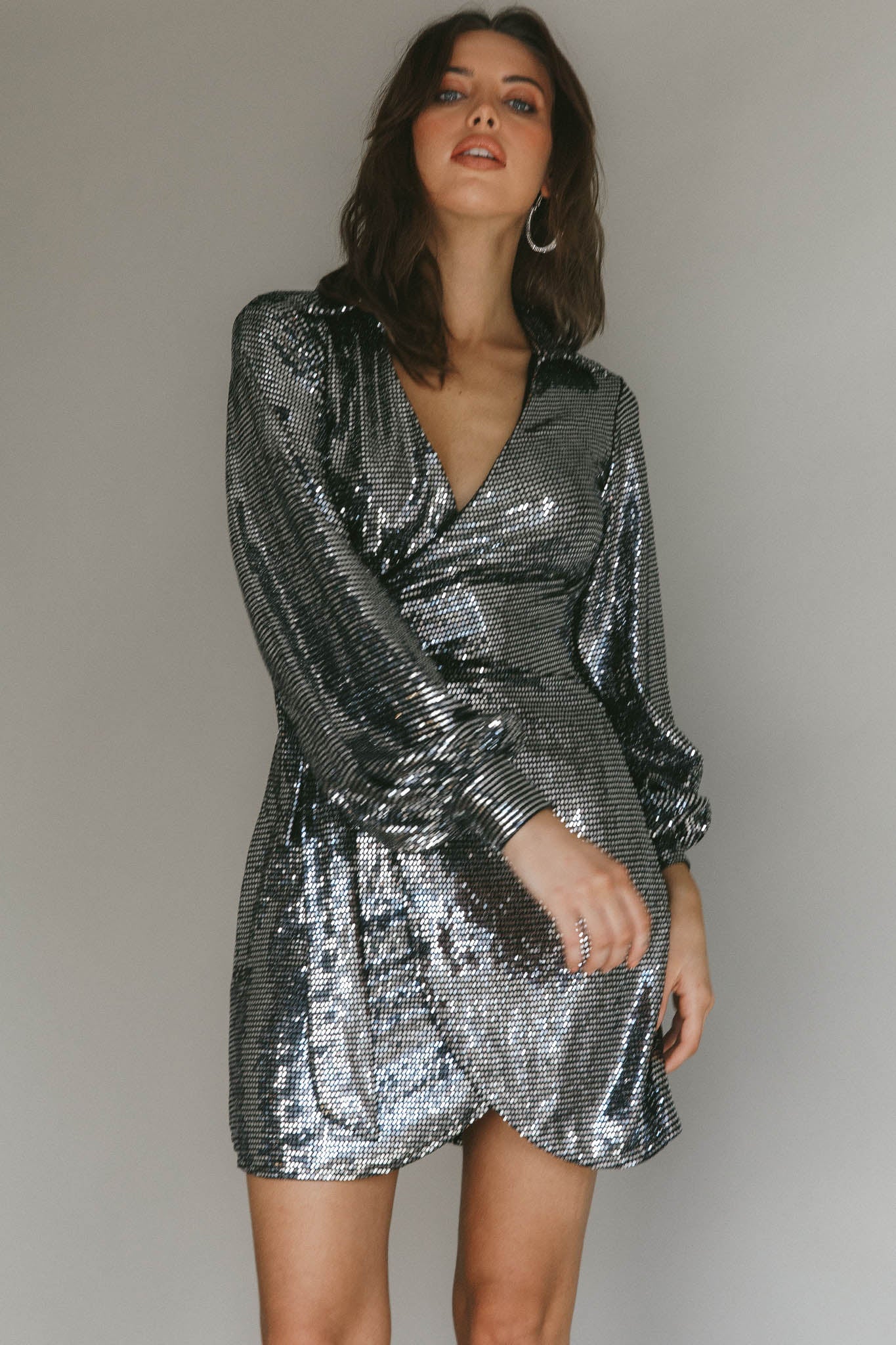 Ruma Faux Wrap Shirt Dress Sequin Metal