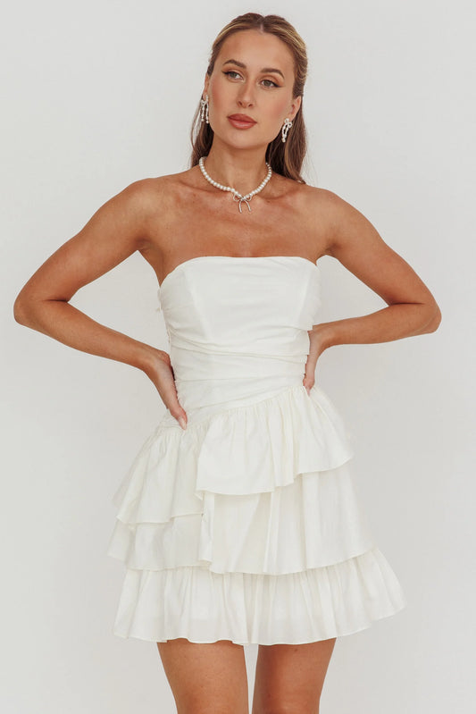 Destini Strapless Layered Frill Mini Dress Off White