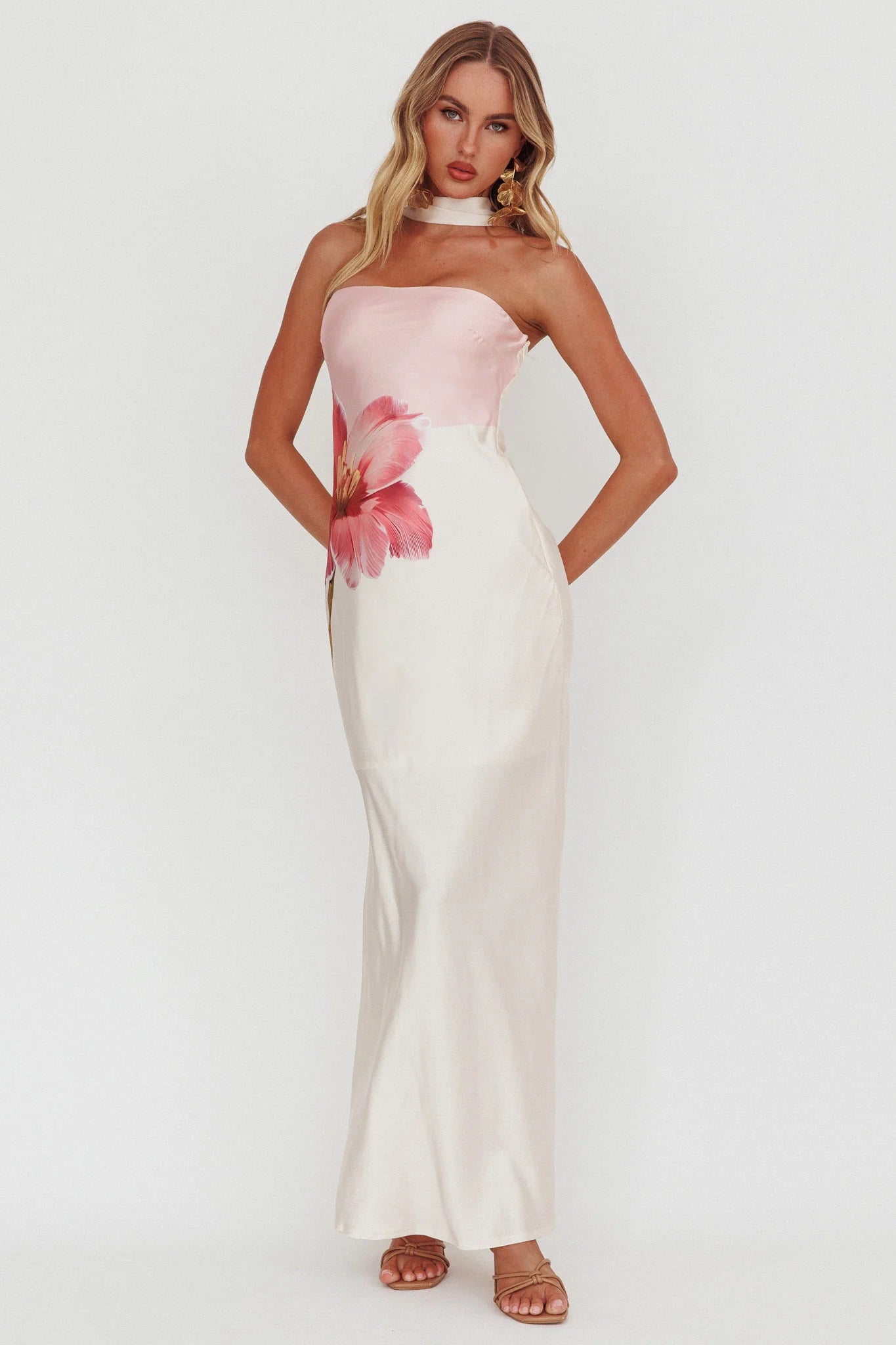 Damsel Reverse Halter Maxi Dress Flower Pink