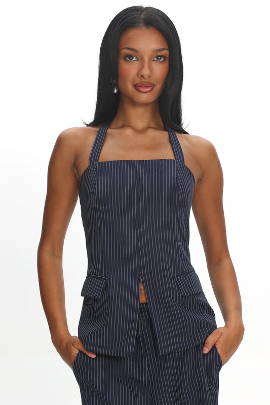 Renee Front Zip Halter Top Pinstripe Navy