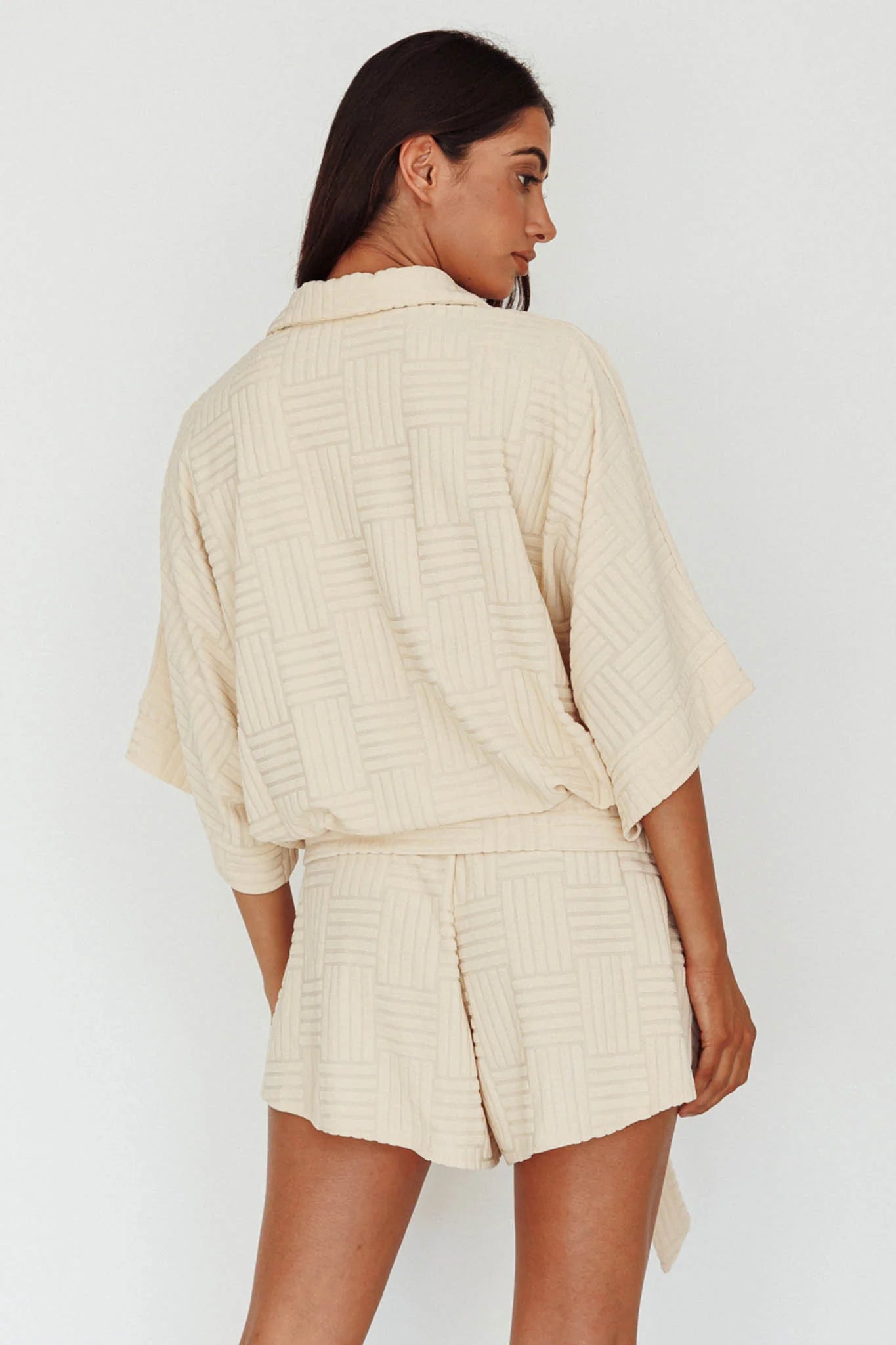 Daytona Beach Button-Up Romper Textured Beige